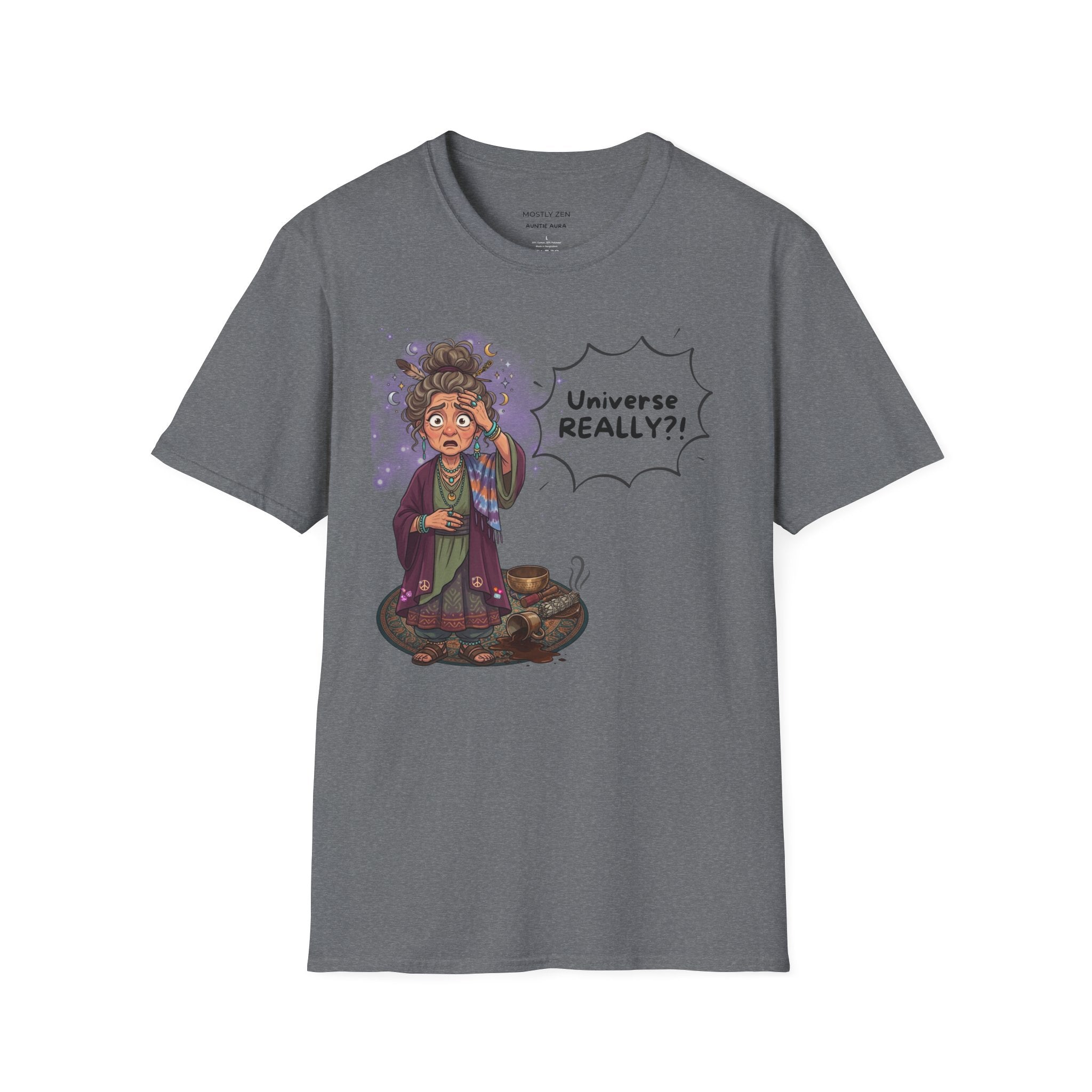 Auntie Aura Tee — “Universe REALLY?!” Mystical Boho Graphic T-Shirt
