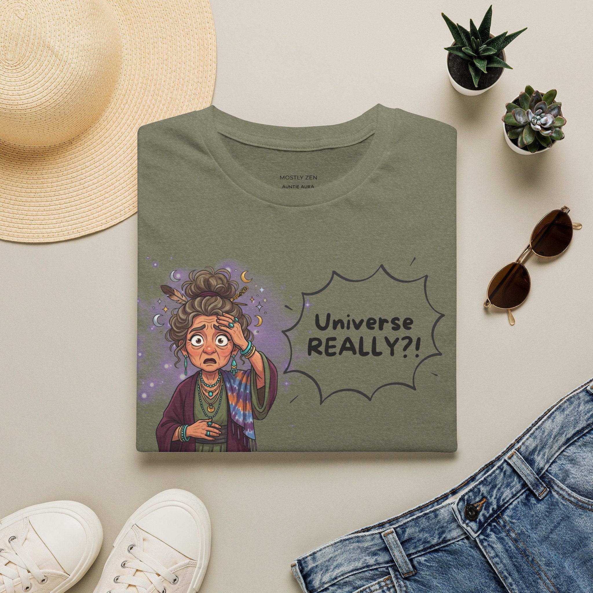 Auntie Aura Tee — “Universe REALLY?!” Mystical Boho Graphic T-Shirt