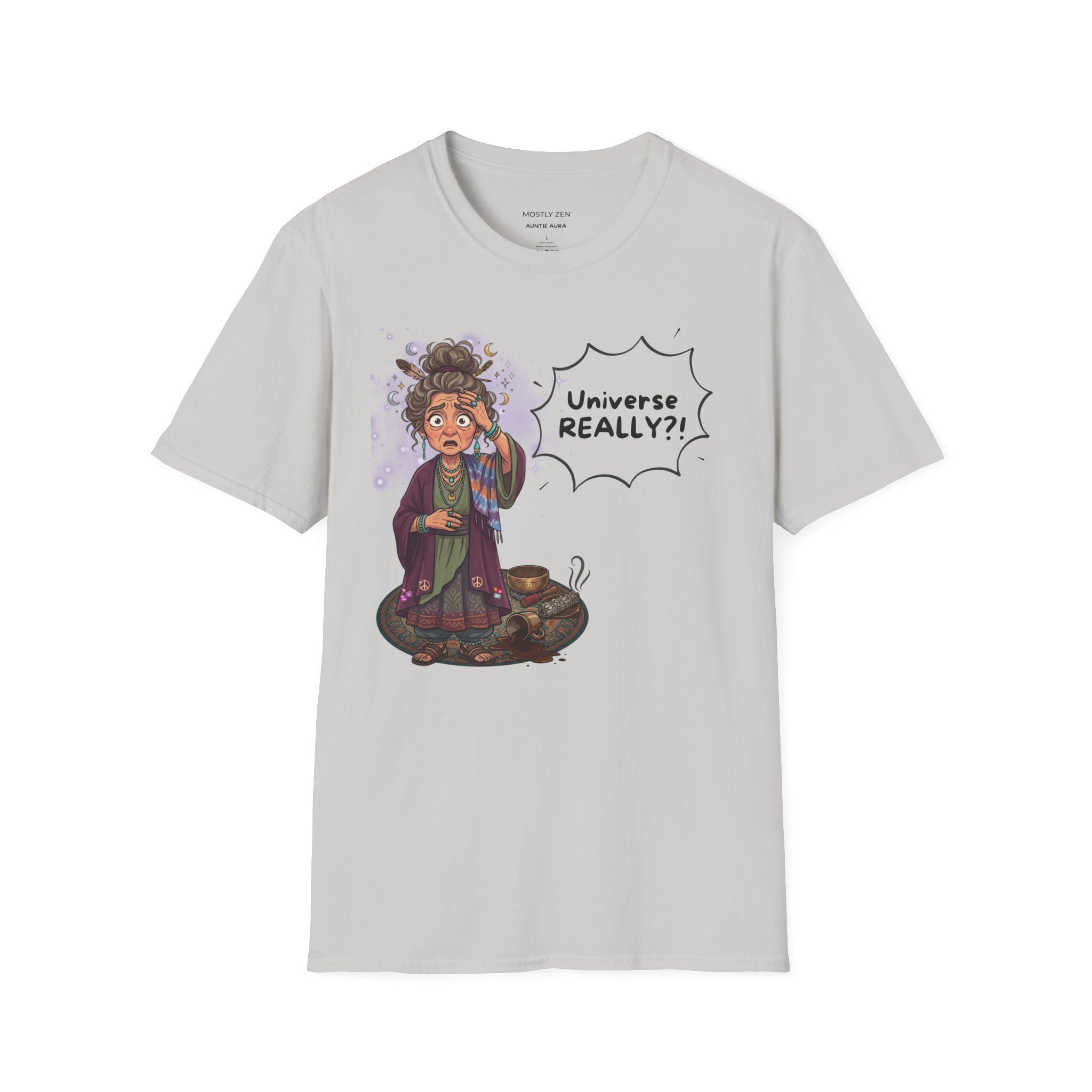 Auntie Aura Tee — “Universe REALLY?!” Mystical Boho Graphic T-Shirt
