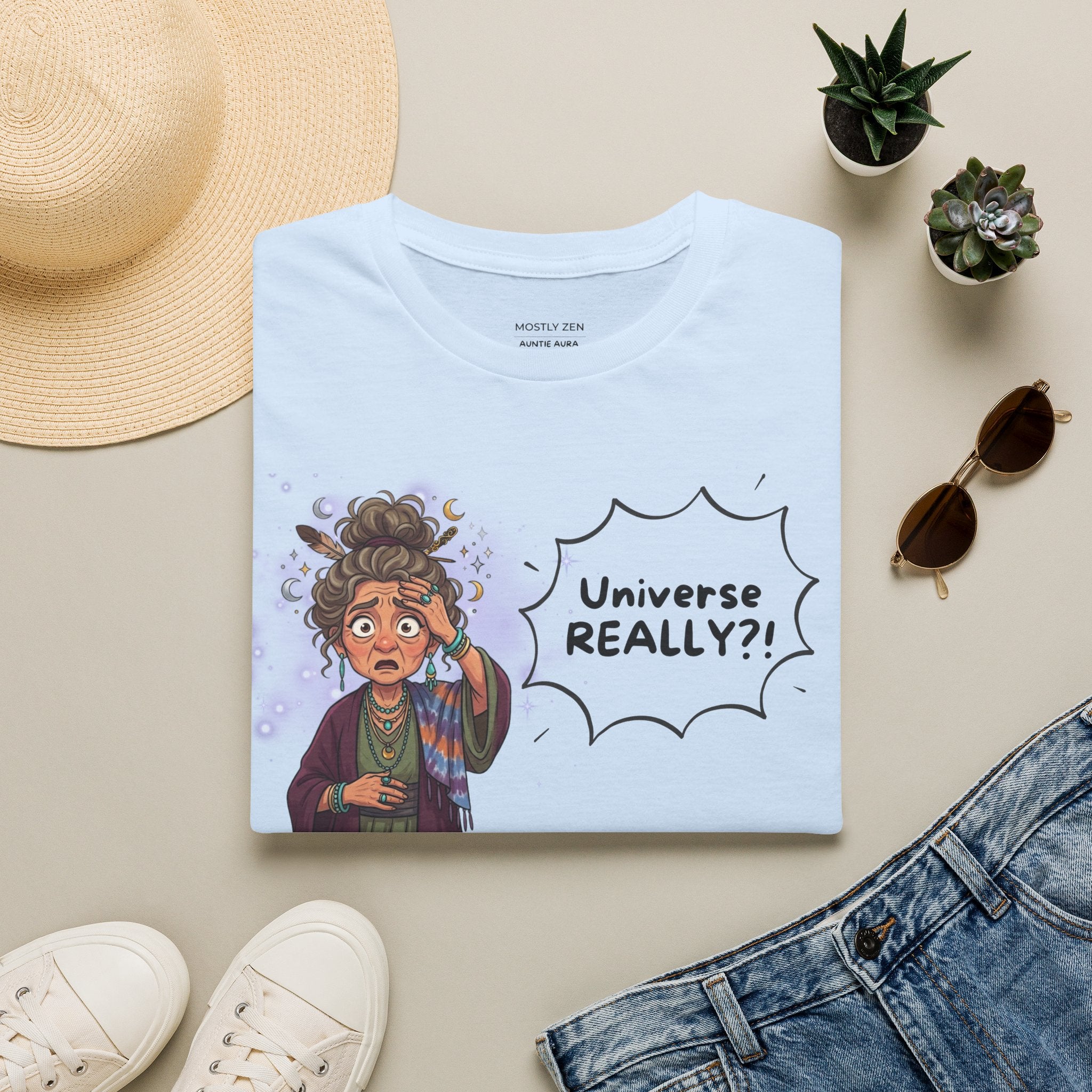 Auntie Aura Tee — “Universe REALLY?!” Mystical Boho Graphic T-Shirt