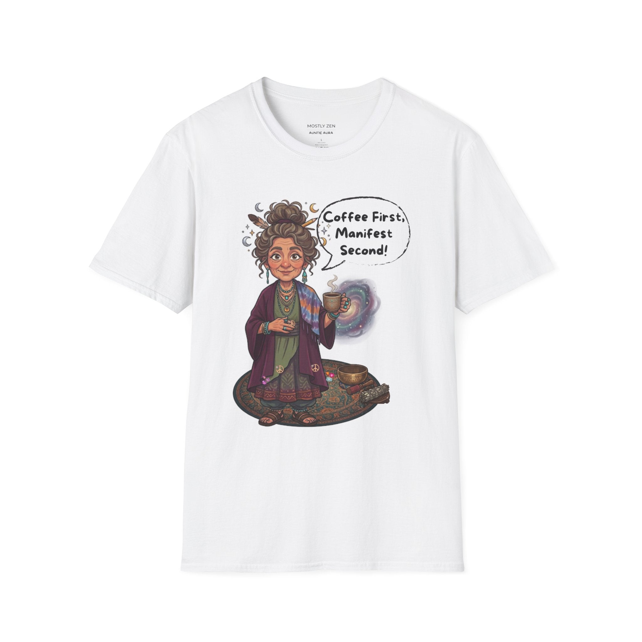 Manifestation Coffee T-Shirt — "Coffee First, Manifest Second!" — Auntie Aura Spiritual Tee