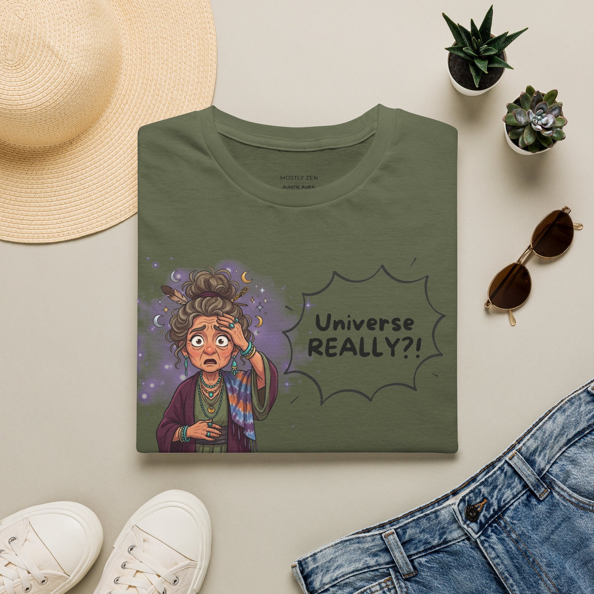 Auntie Aura Tee — “Universe REALLY?!” Mystical Boho Graphic T-Shirt