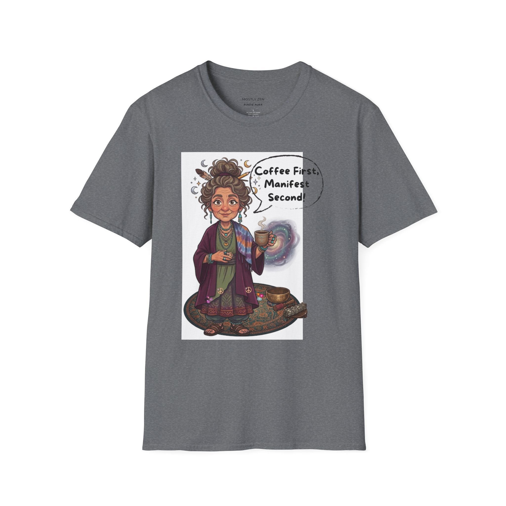 Manifestation Coffee T-Shirt — "Coffee First, Manifest Second!" — Auntie Aura Spiritual Tee