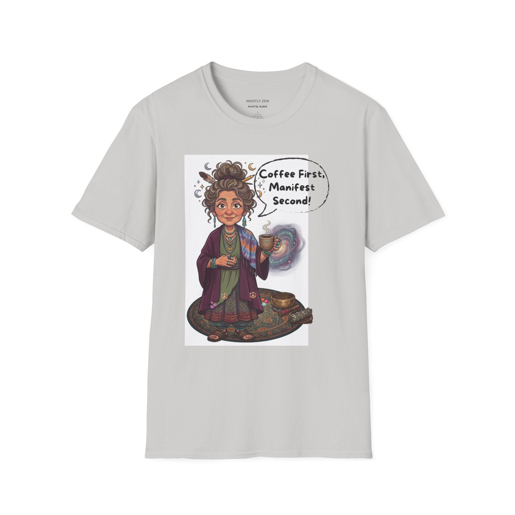 Manifestation Coffee T-Shirt — "Coffee First, Manifest Second!" — Auntie Aura Spiritual Tee
