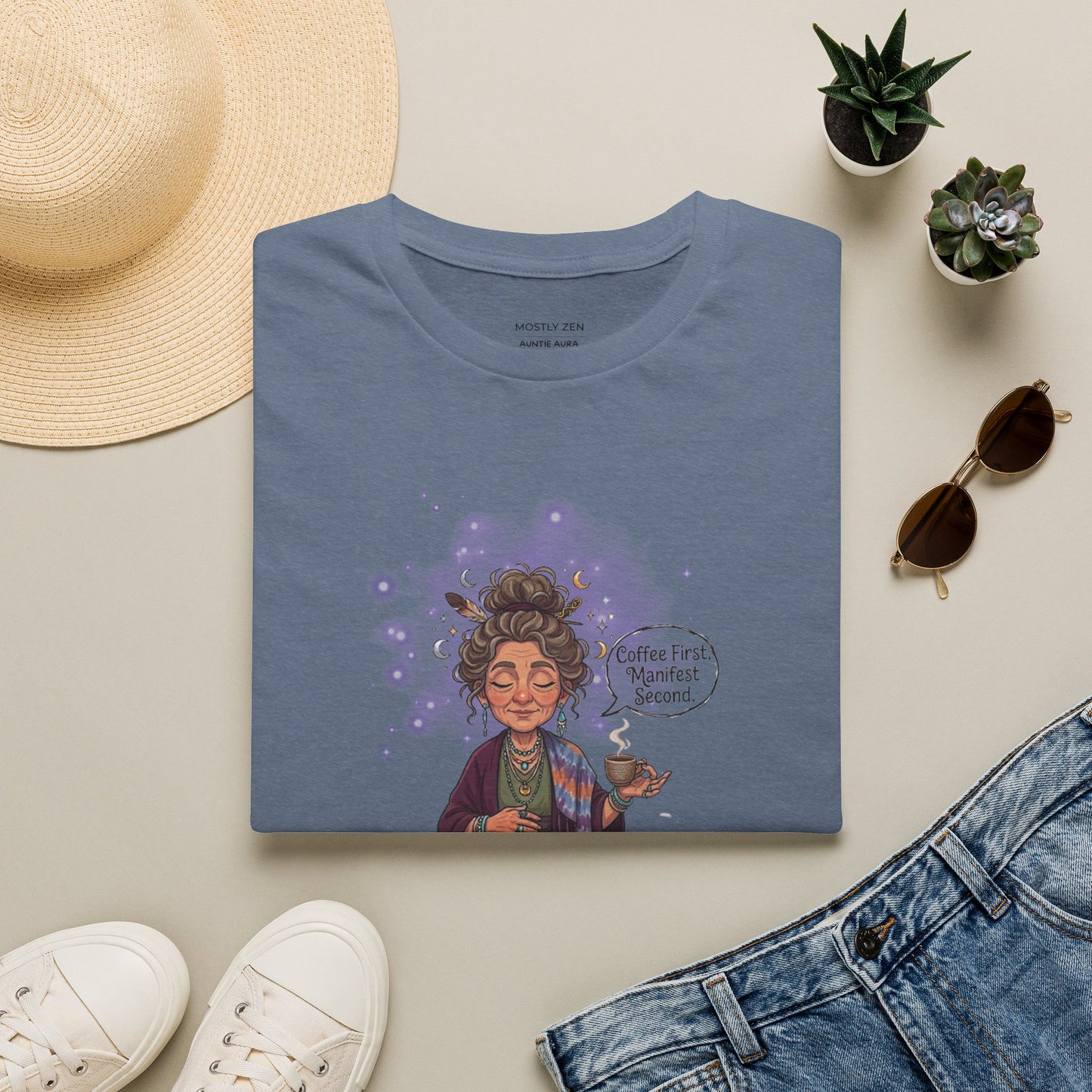 Manifestation Coffee T-Shirt — "Coffee First, Manifest Second!" — Auntie Aura Spiritual Tee