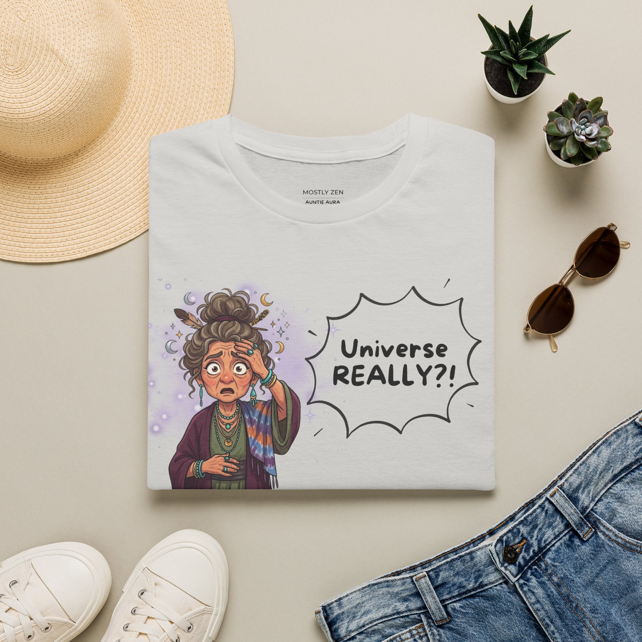 Auntie Aura Tee — “Universe REALLY?!” Mystical Boho Graphic T-Shirt