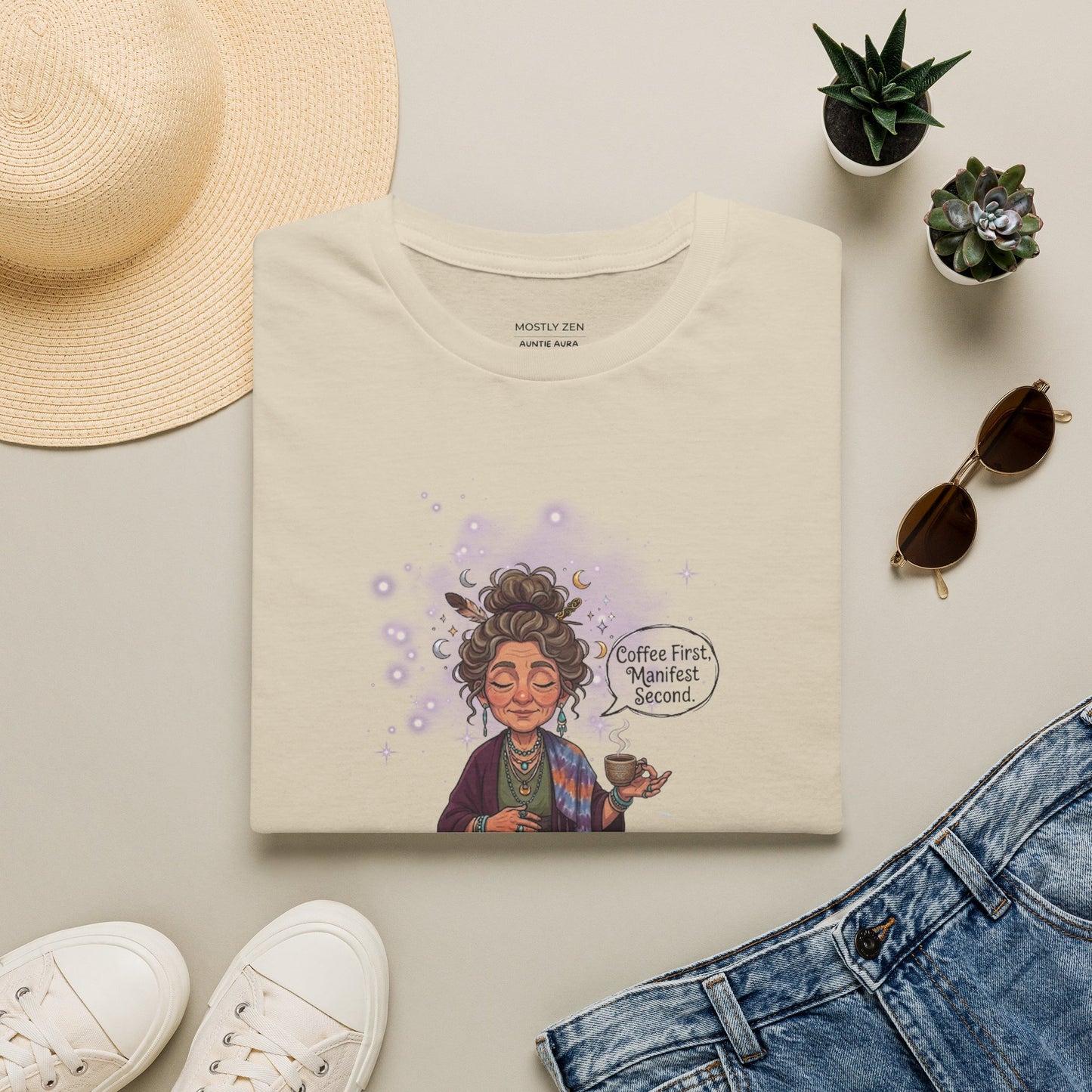 Manifestation Coffee T-Shirt — "Coffee First, Manifest Second!" — Auntie Aura Spiritual Tee