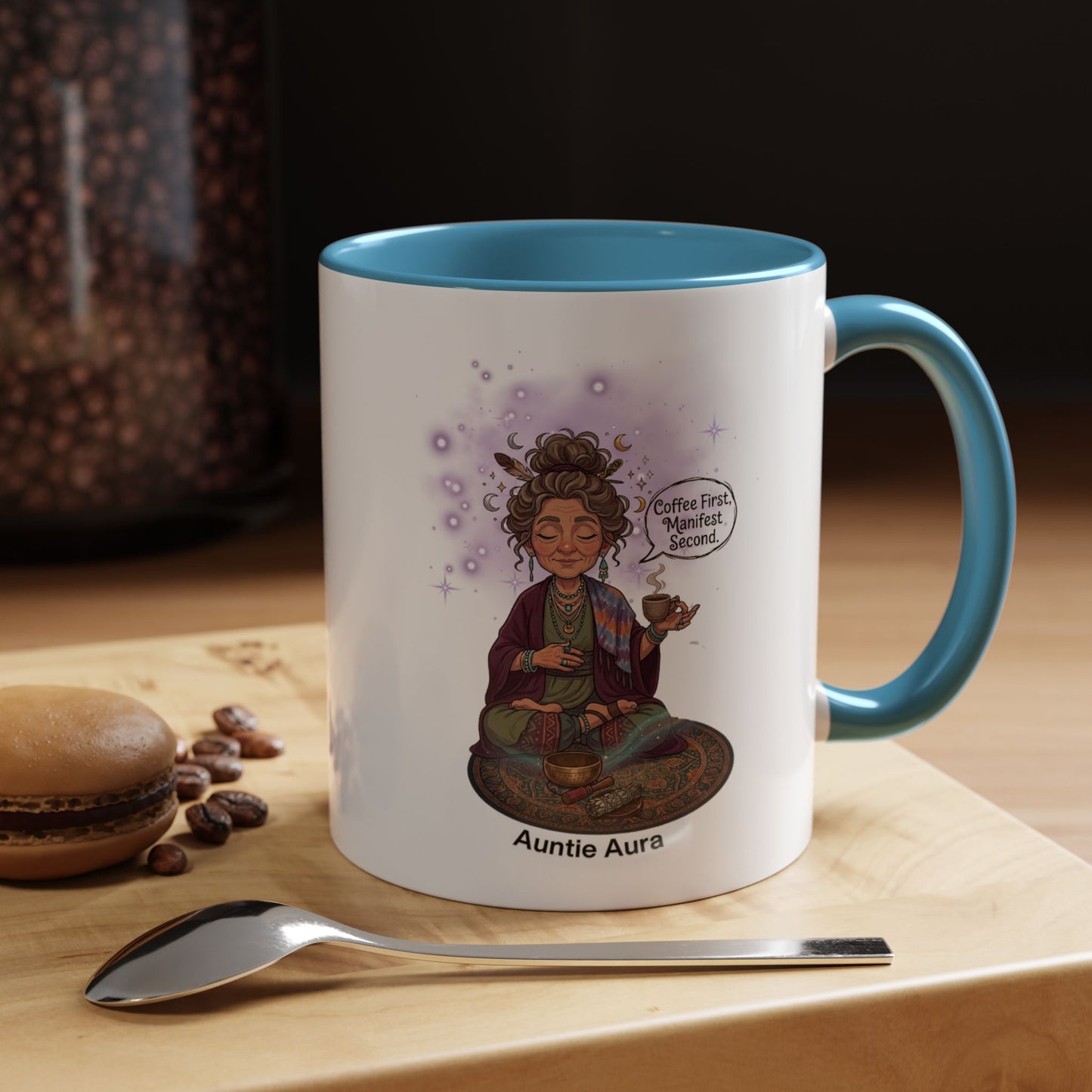 Auntie Aura Coffee Mug — “Coffee First, Manifest Second” Boho Spiritual Gift