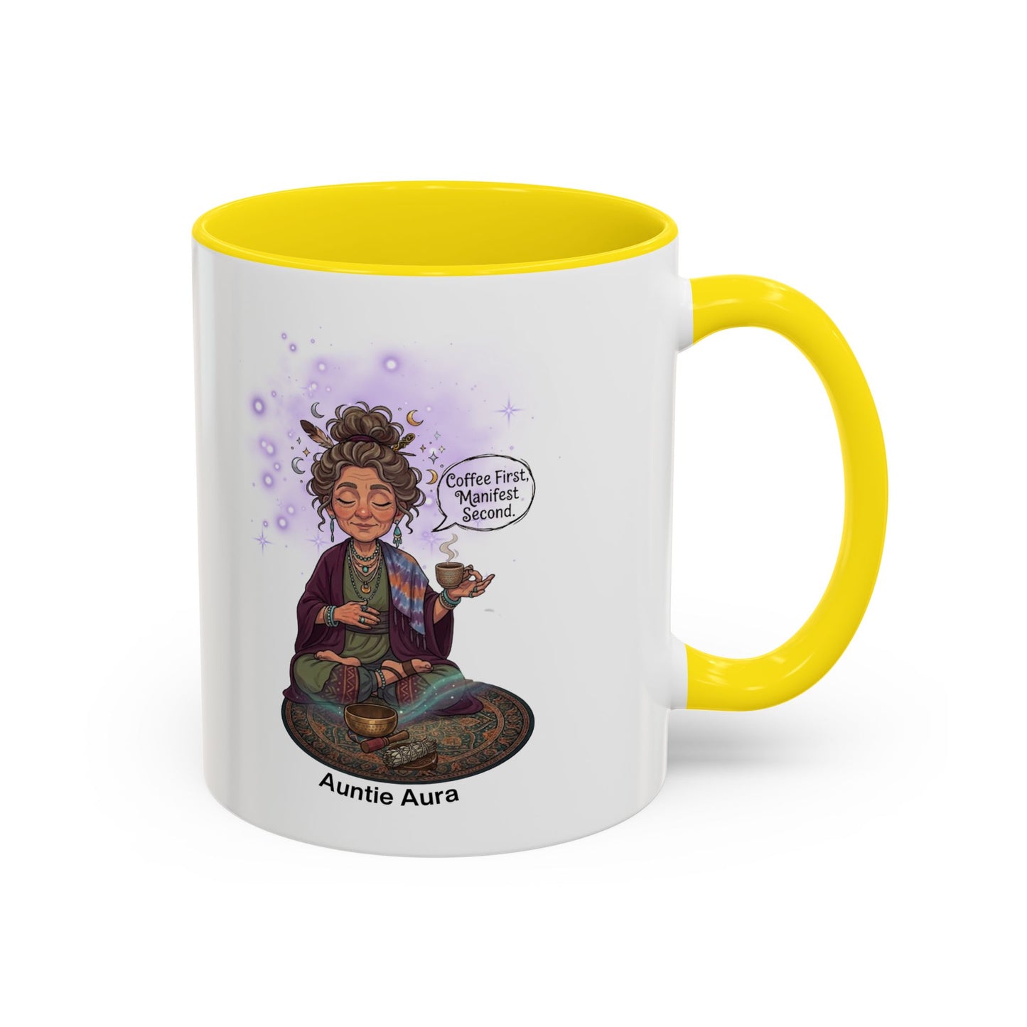 Auntie Aura Coffee Mug — “Coffee First, Manifest Second” Boho Spiritual Gift