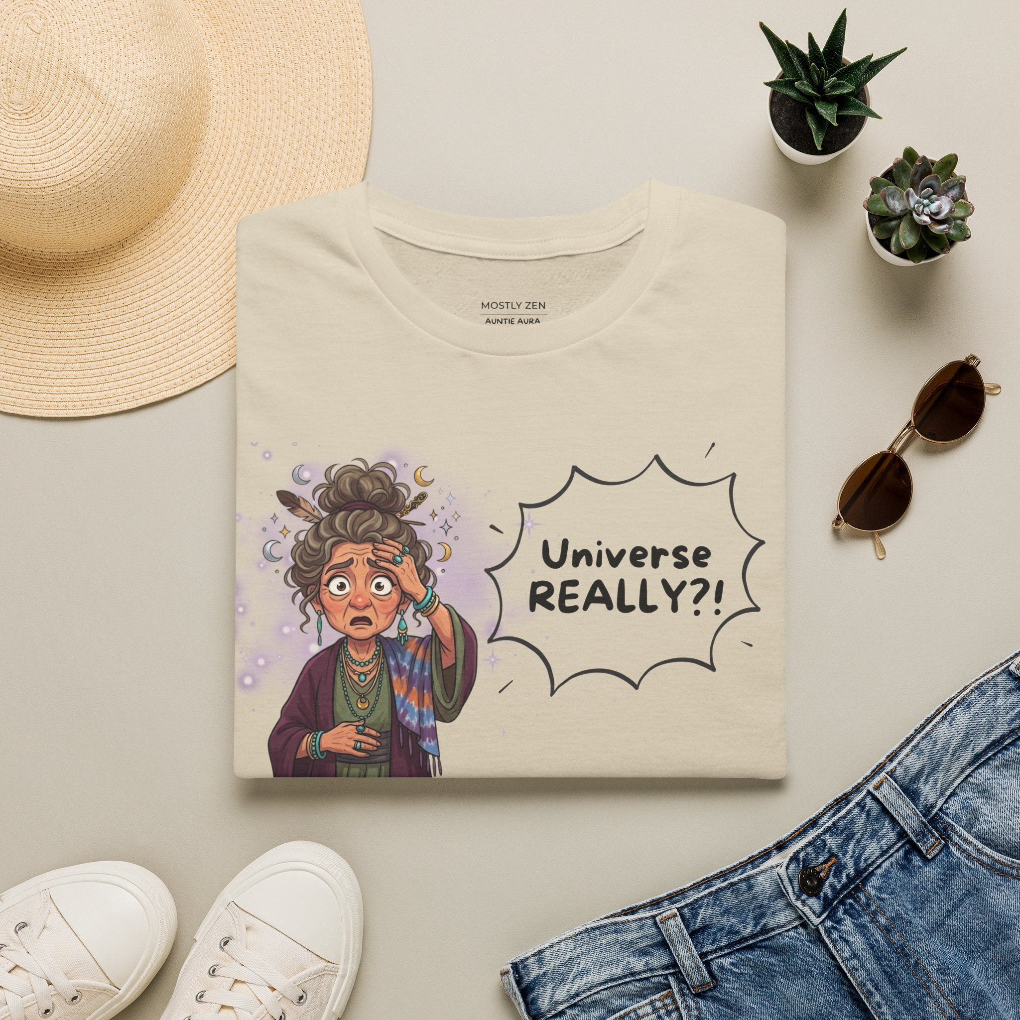 Auntie Aura Tee — “Universe REALLY?!” Mystical Boho Graphic T-Shirt