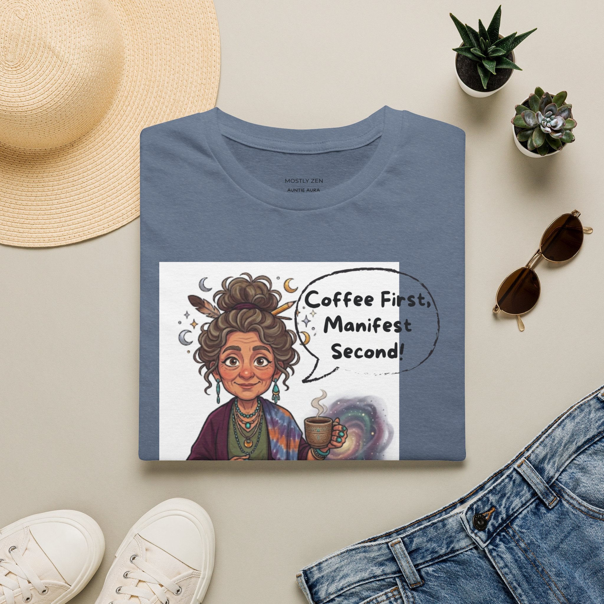 Manifestation Coffee T-Shirt — "Coffee First, Manifest Second!" — Auntie Aura Spiritual Tee