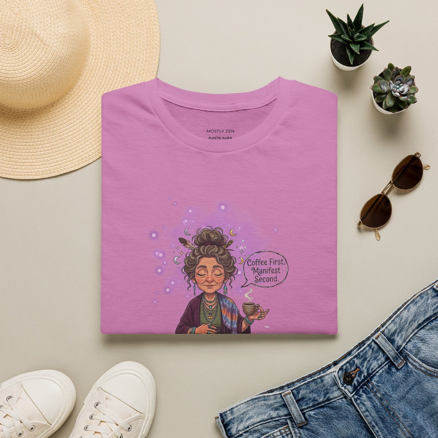 Manifestation Coffee T-Shirt — "Coffee First, Manifest Second!" — Auntie Aura Spiritual Tee
