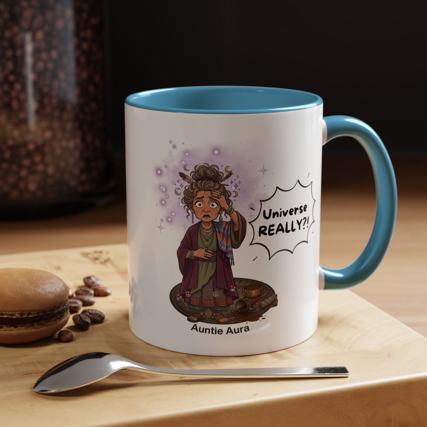 Auntie Aura Galaxy Mug — “Universe REALLY?!” Accent Ceramic Coffee Mug