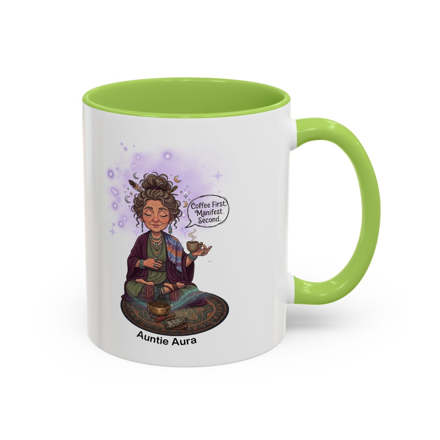 Auntie Aura Coffee Mug — “Coffee First, Manifest Second” Boho Spiritual Gift