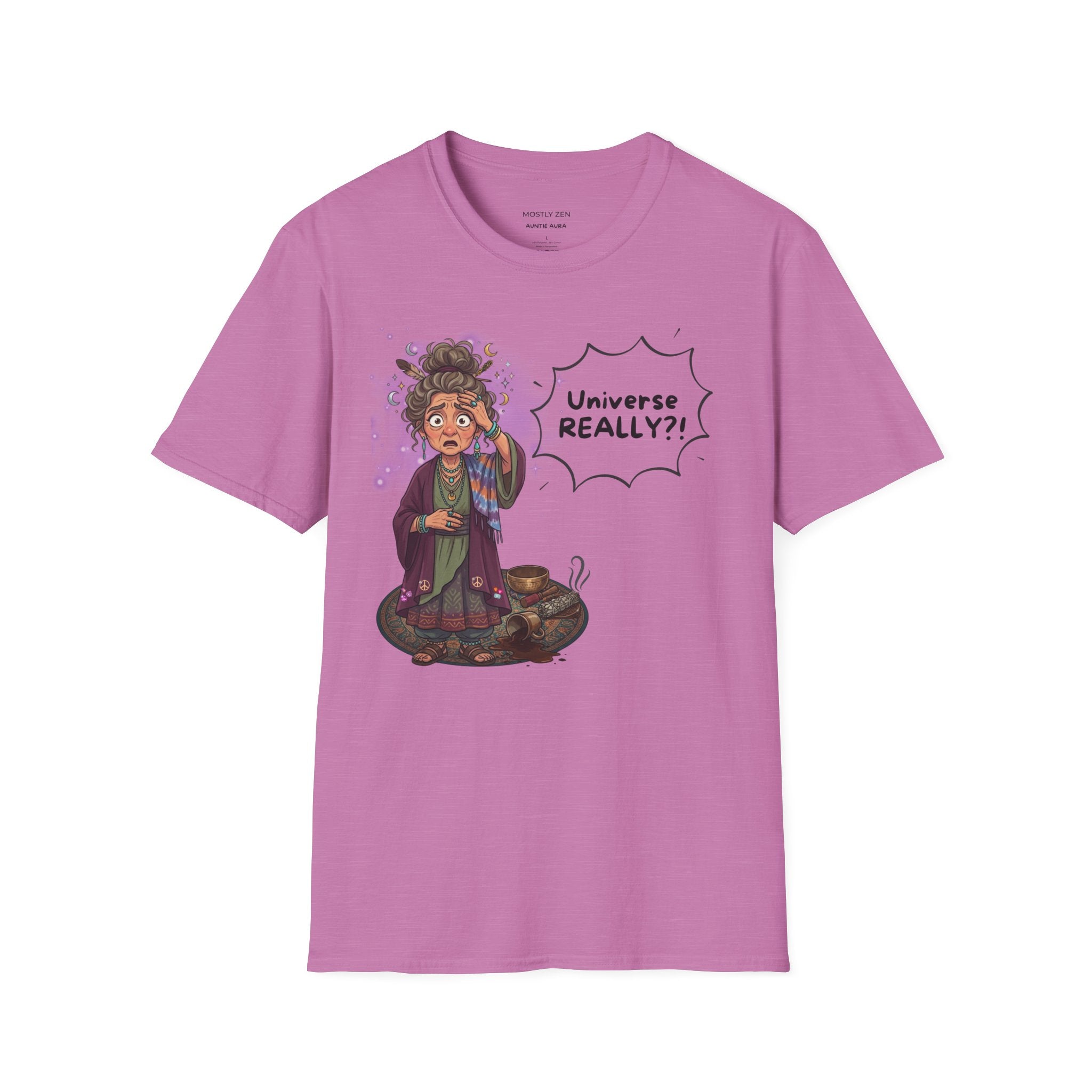 Auntie Aura Tee — “Universe REALLY?!” Mystical Boho Graphic T-Shirt