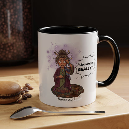 Auntie Aura Galaxy Mug — “Universe REALLY?!” Accent Ceramic Coffee Mug