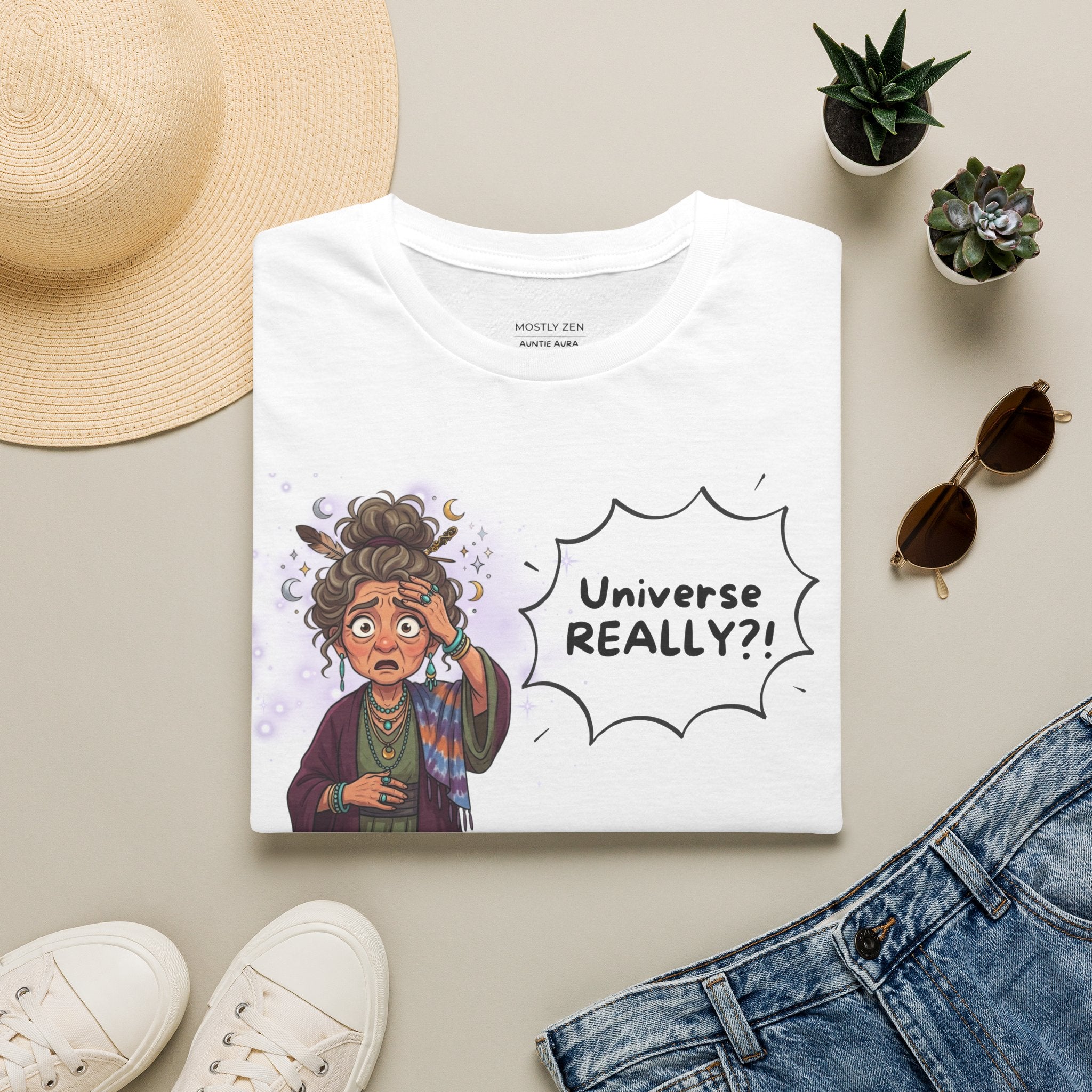 Auntie Aura Tee — “Universe REALLY?!” Mystical Boho Graphic T-Shirt