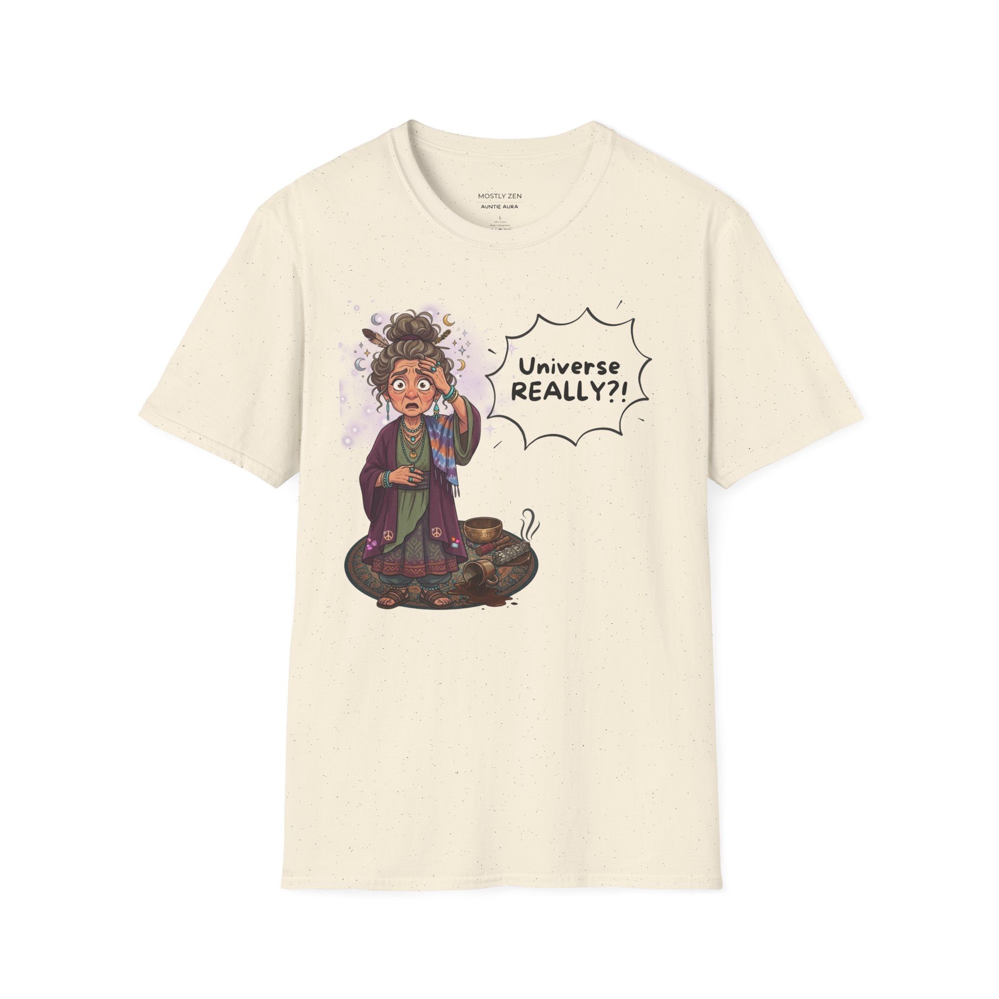 Auntie Aura Tee — “Universe REALLY?!” Mystical Boho Graphic T-Shirt