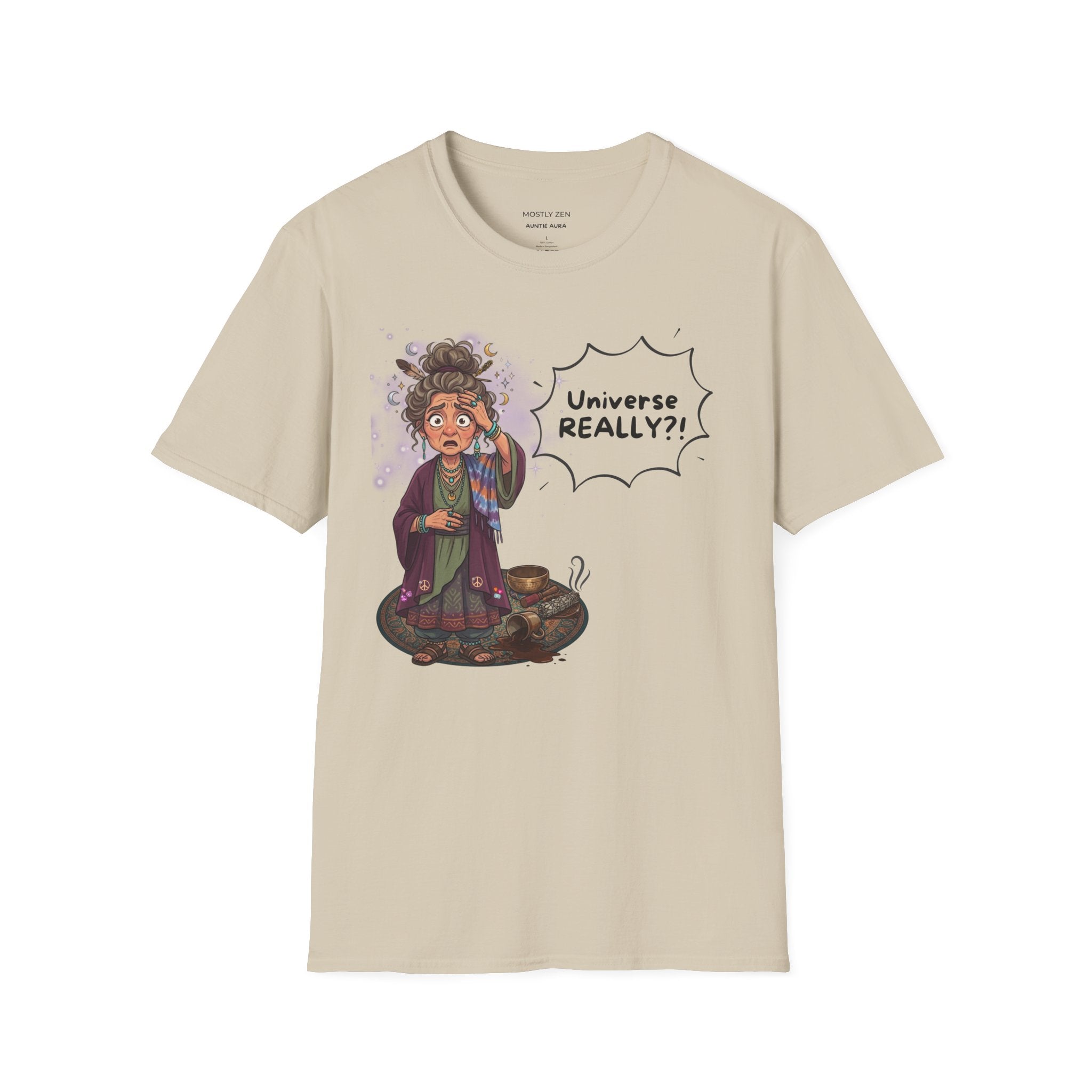 Auntie Aura Tee — “Universe REALLY?!” Mystical Boho Graphic T-Shirt