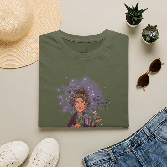 Manifestation Coffee T-Shirt — "Coffee First, Manifest Second!" — Auntie Aura Spiritual Tee