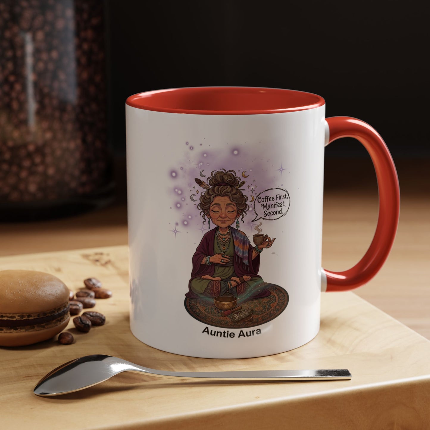 Auntie Aura Coffee Mug — “Coffee First, Manifest Second” Boho Spiritual Gift
