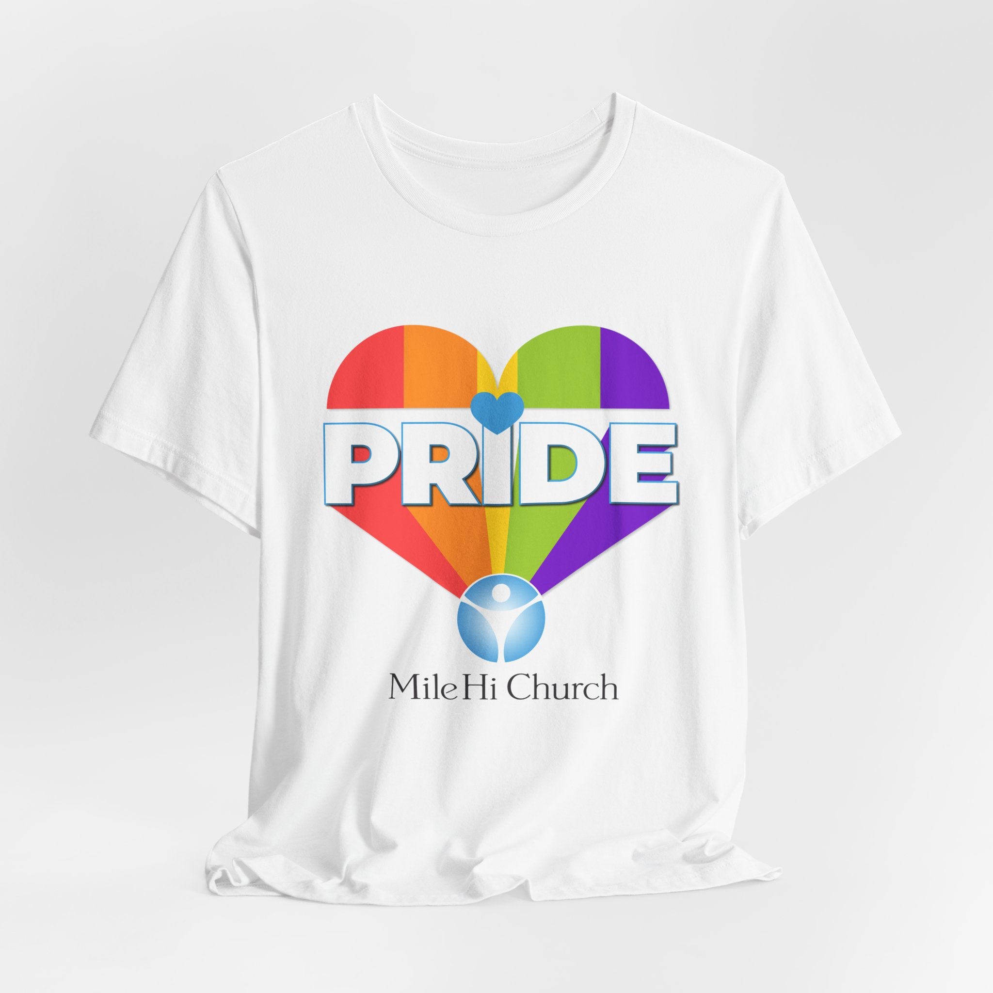 Pride Rainbow Heart Tee | Mile Hi Church logo