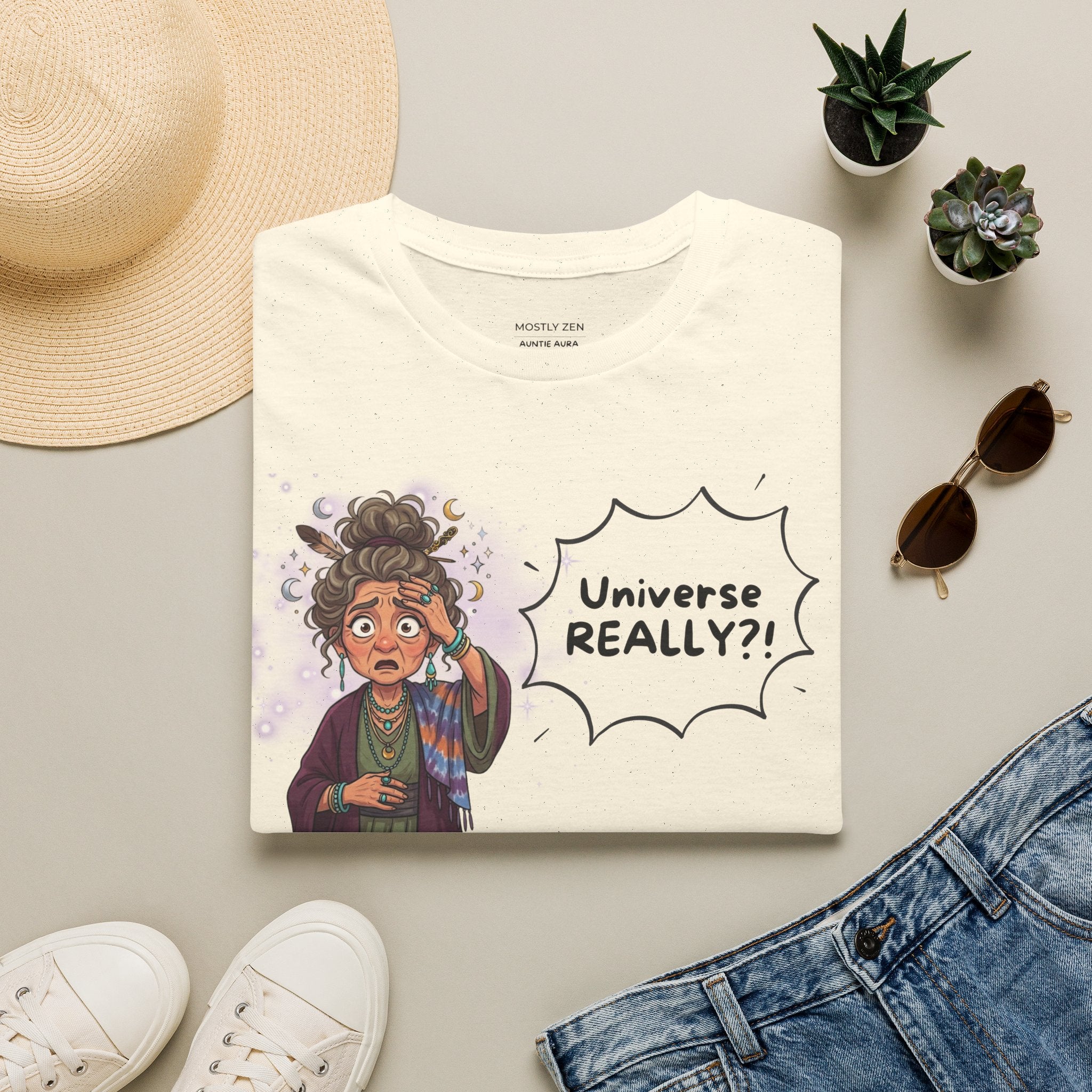 Auntie Aura Tee — “Universe REALLY?!” Mystical Boho Graphic T-Shirt