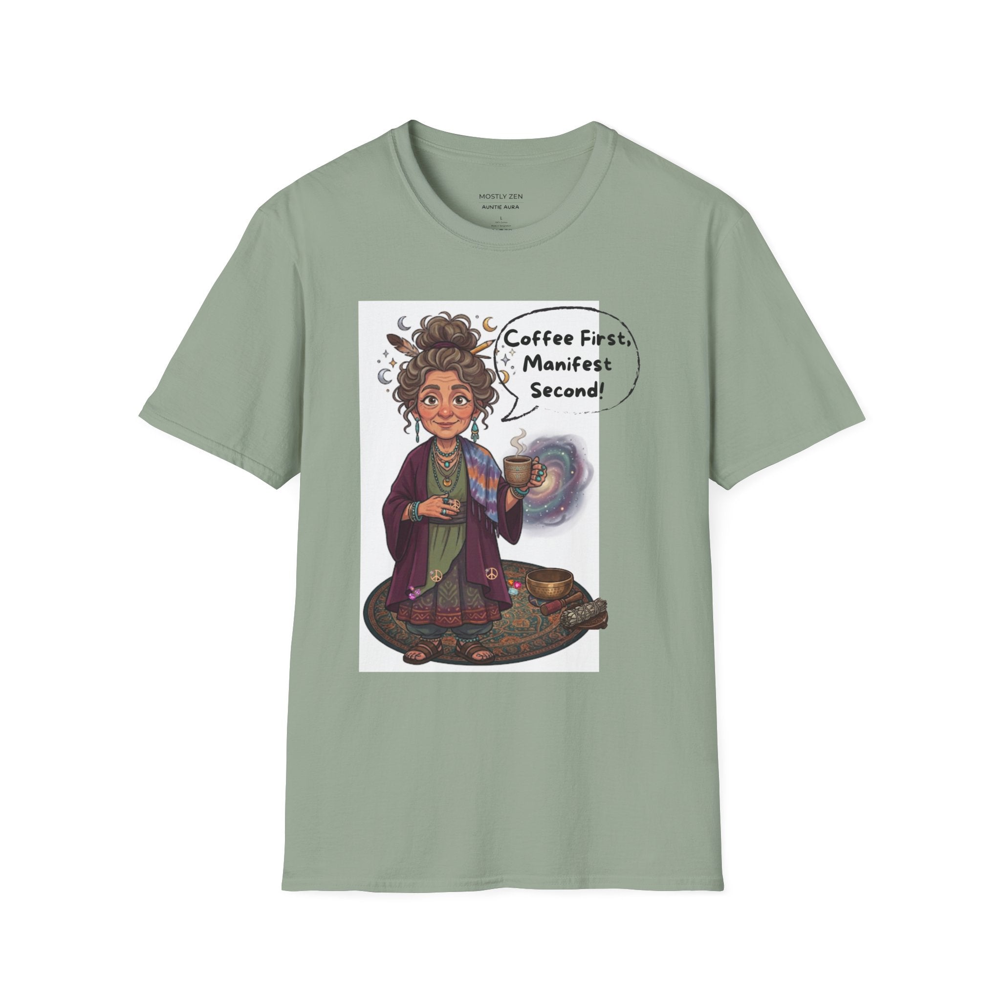 Manifestation Coffee T-Shirt — "Coffee First, Manifest Second!" — Auntie Aura Spiritual Tee