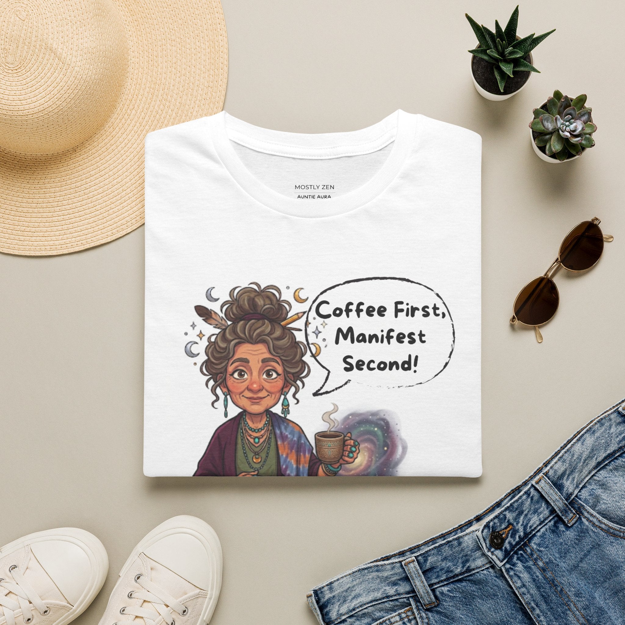 Manifestation Coffee T-Shirt — "Coffee First, Manifest Second!" — Auntie Aura Spiritual Tee