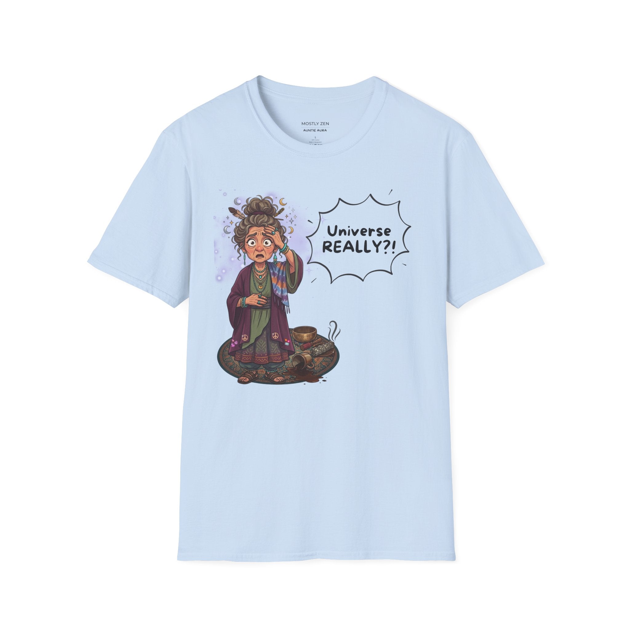Auntie Aura Tee — “Universe REALLY?!” Mystical Boho Graphic T-Shirt