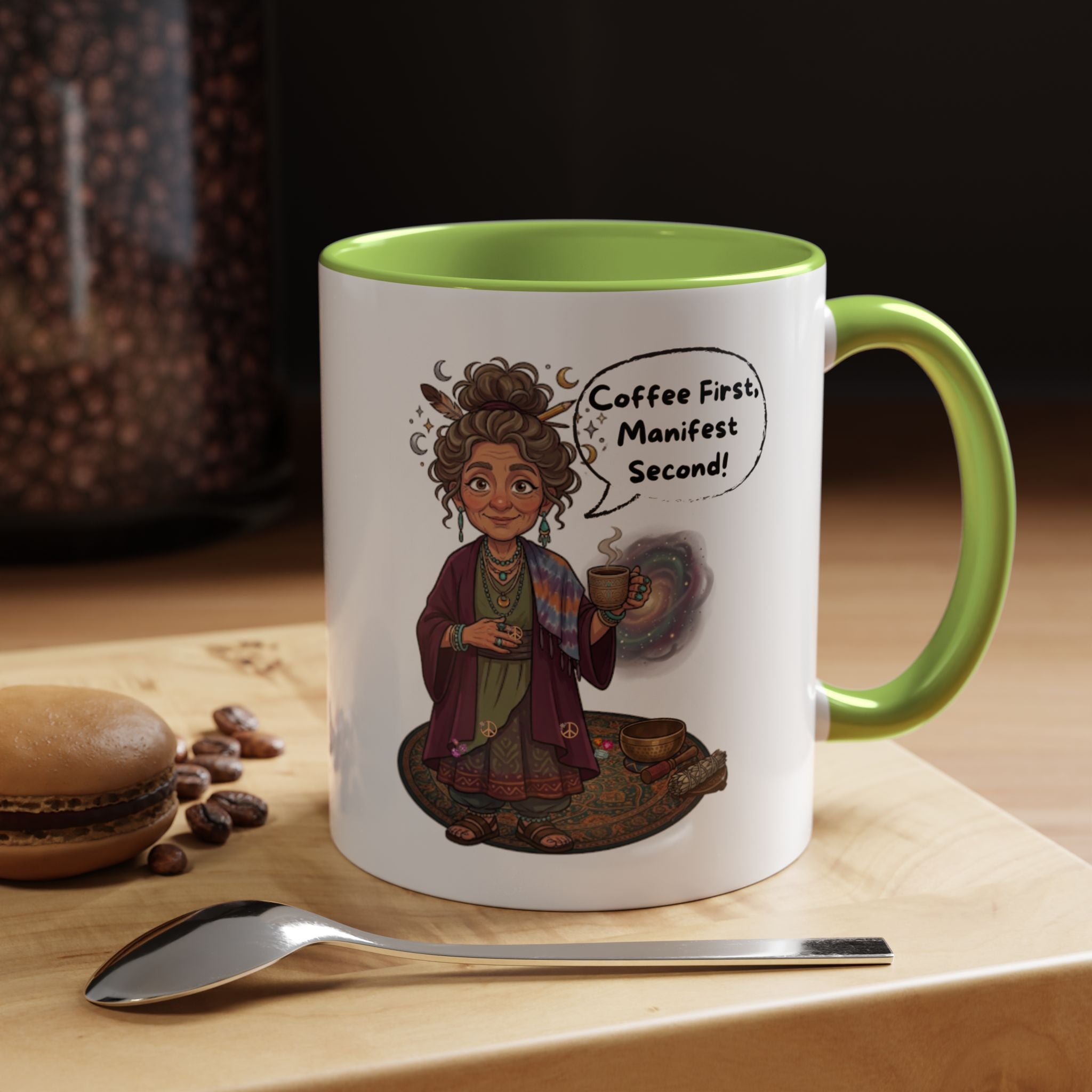 Auntie Aura Coffee Mug — “Coffee First, Manifest Second” Boho Spiritual Gift
