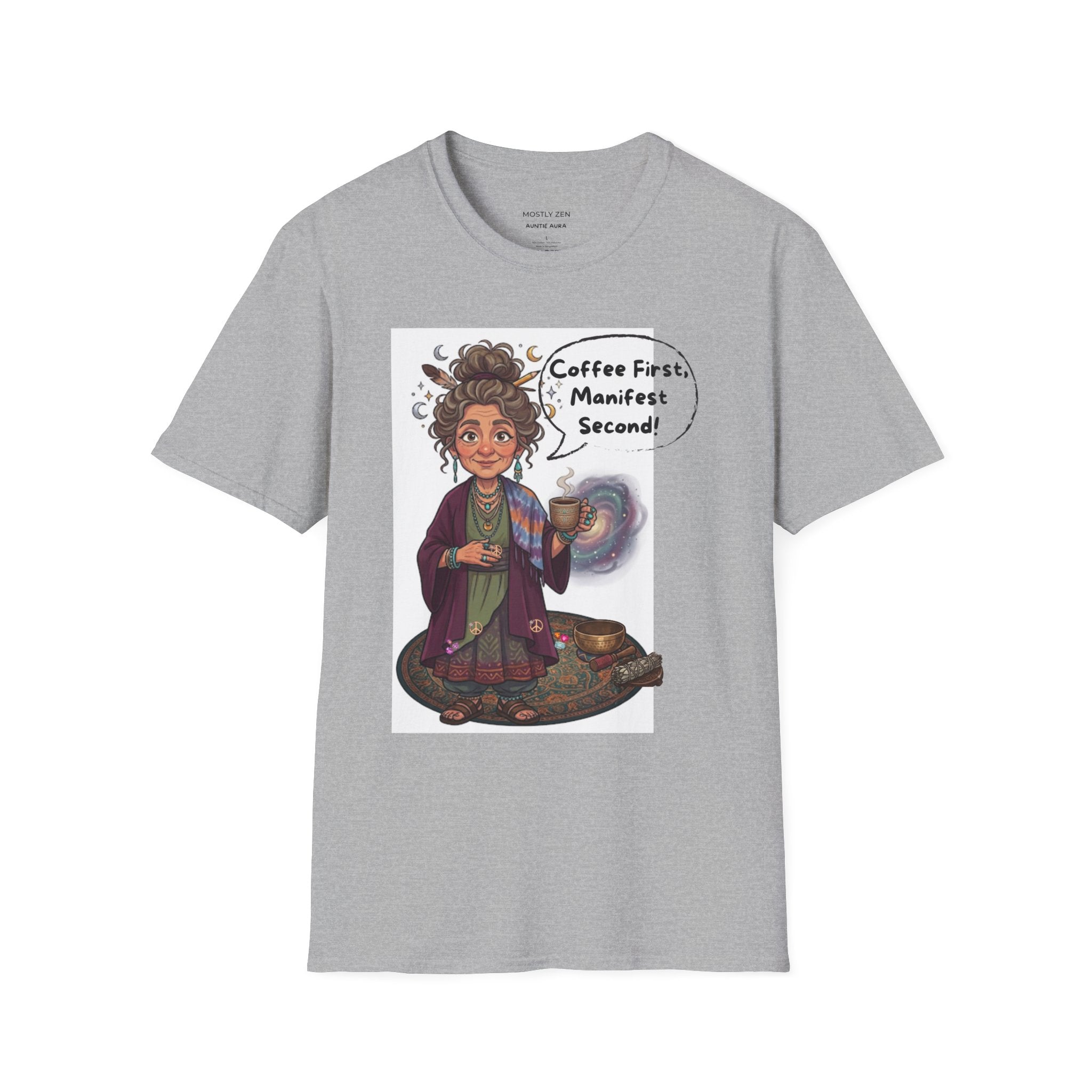 Manifestation Coffee T-Shirt — "Coffee First, Manifest Second!" — Auntie Aura Spiritual Tee