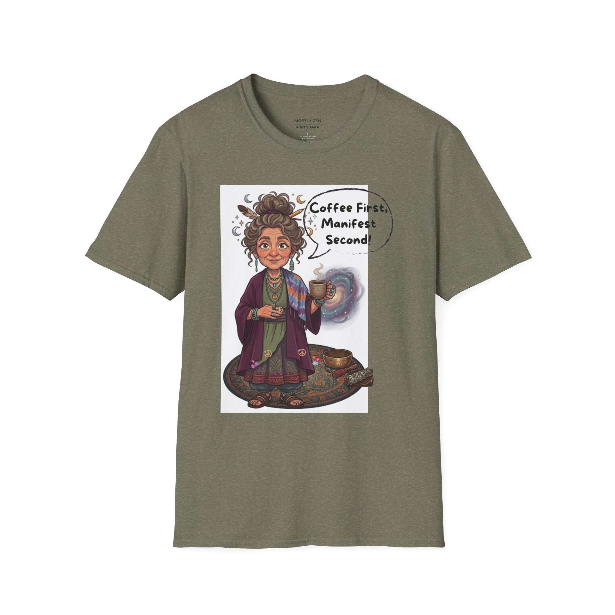 Manifestation Coffee T-Shirt — "Coffee First, Manifest Second!" — Auntie Aura Spiritual Tee