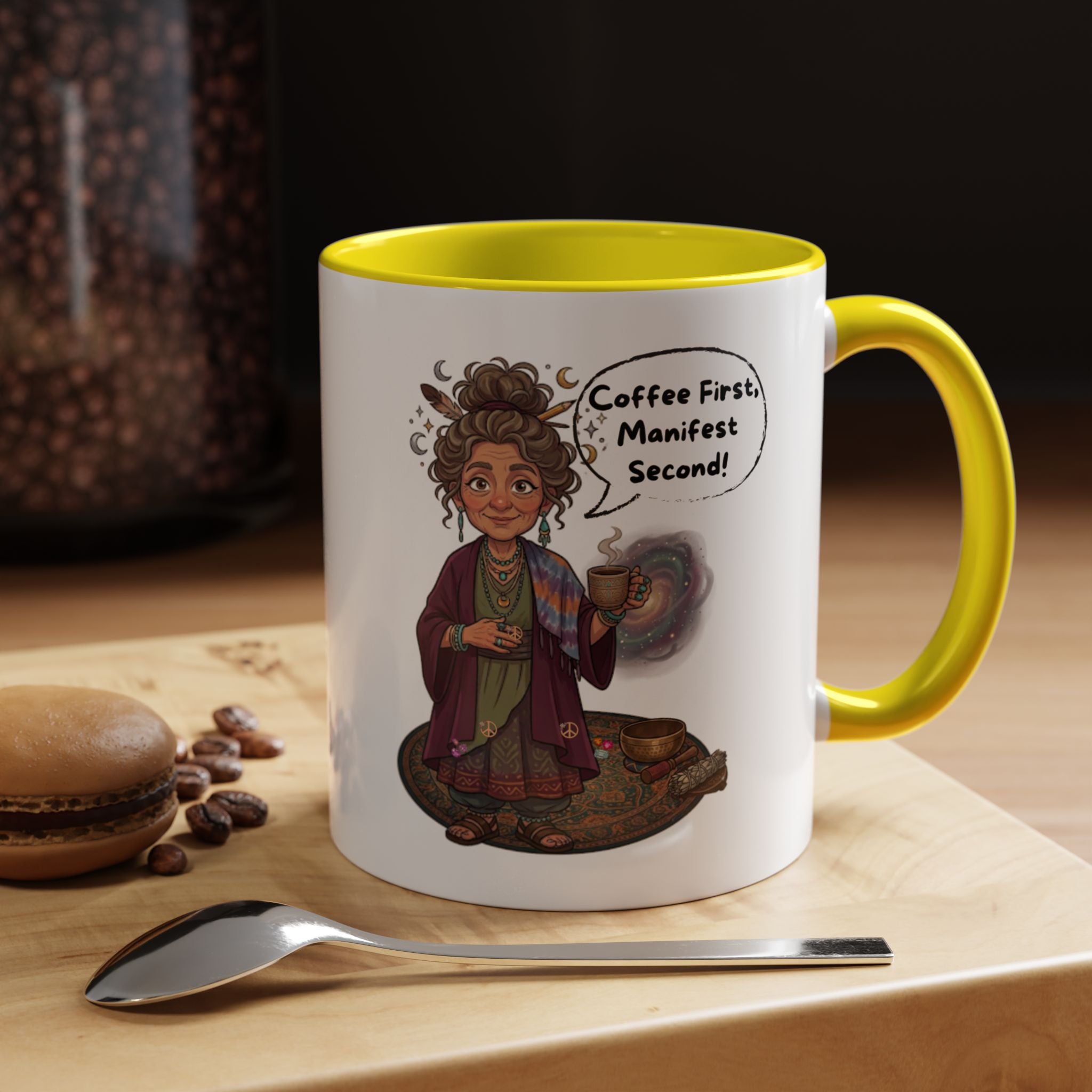 Auntie Aura Coffee Mug — “Coffee First, Manifest Second” Boho Spiritual Gift