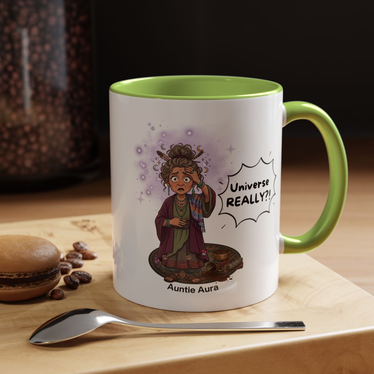 Auntie Aura Galaxy Mug — “Universe REALLY?!” Accent Ceramic Coffee Mug
