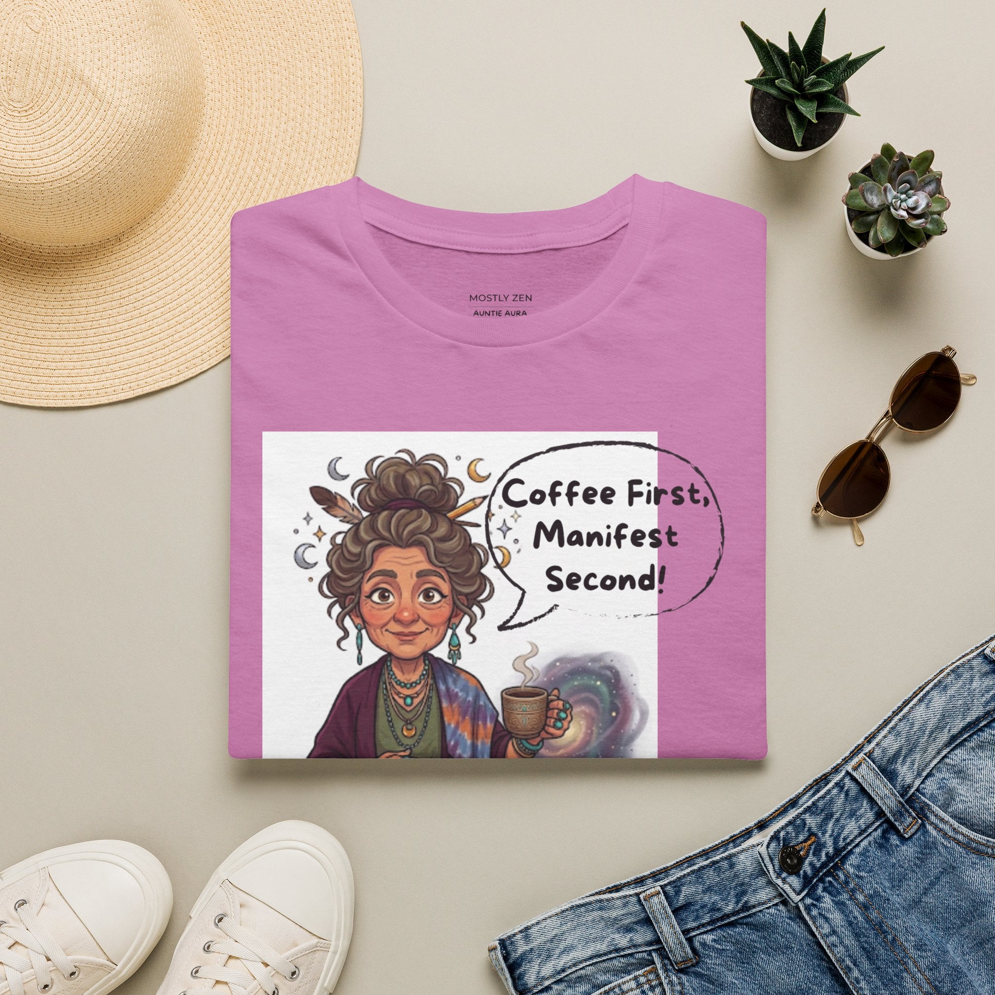 Manifestation Coffee T-Shirt — "Coffee First, Manifest Second!" — Auntie Aura Spiritual Tee