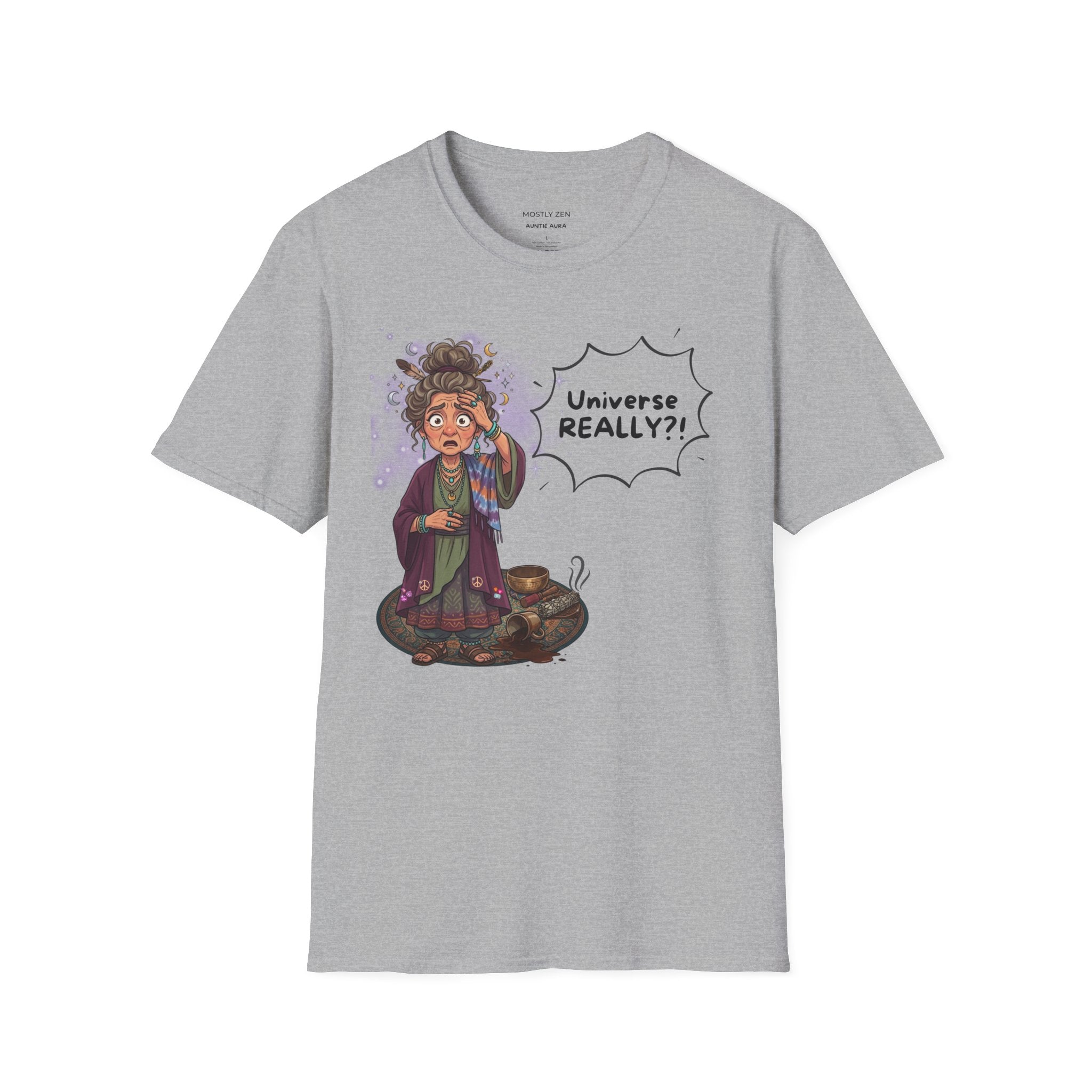 Auntie Aura Tee — “Universe REALLY?!” Mystical Boho Graphic T-Shirt
