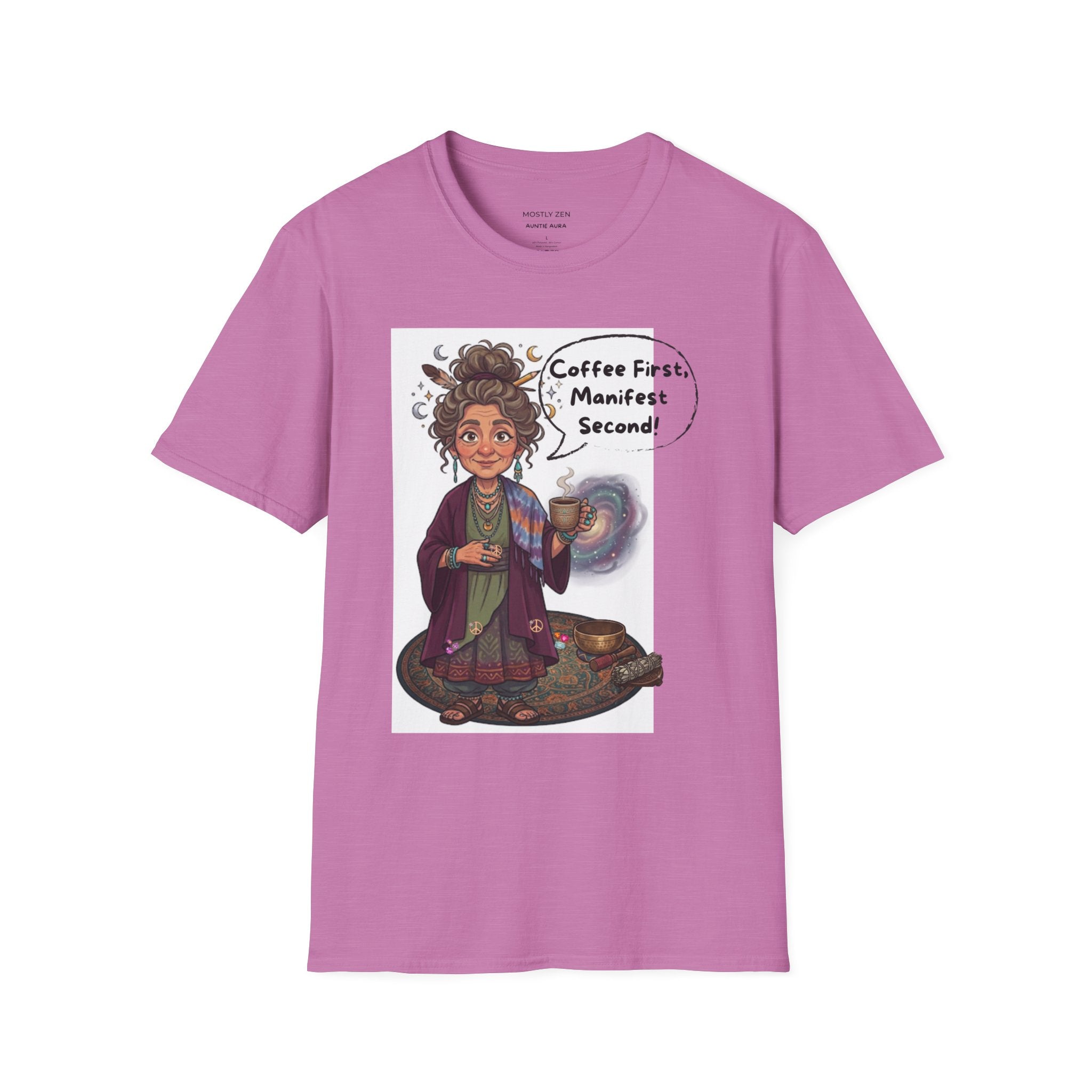 Manifestation Coffee T-Shirt — "Coffee First, Manifest Second!" — Auntie Aura Spiritual Tee