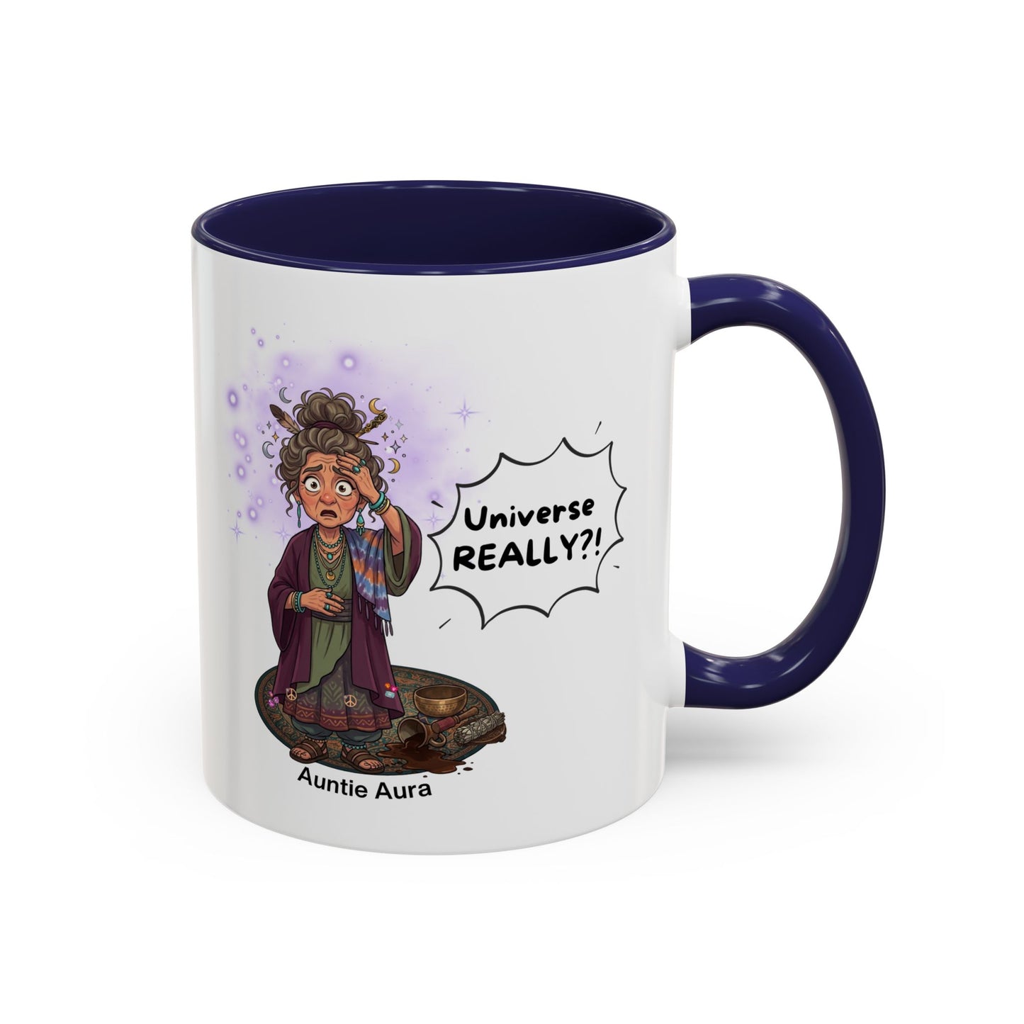 Auntie Aura Galaxy Mug — “Universe REALLY?!” Accent Ceramic Coffee Mug
