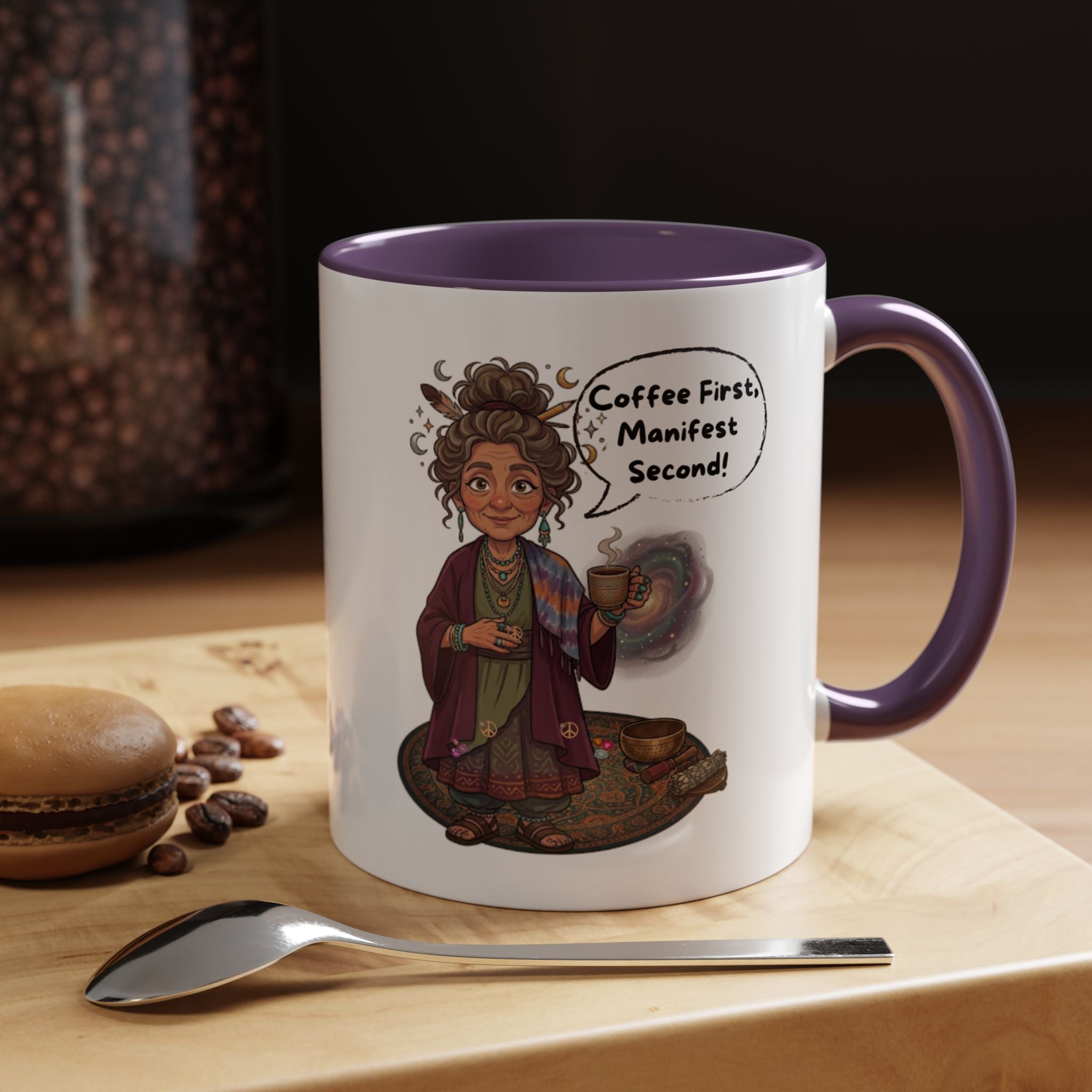 Auntie Aura Coffee Mug — “Coffee First, Manifest Second” Boho Spiritual Gift