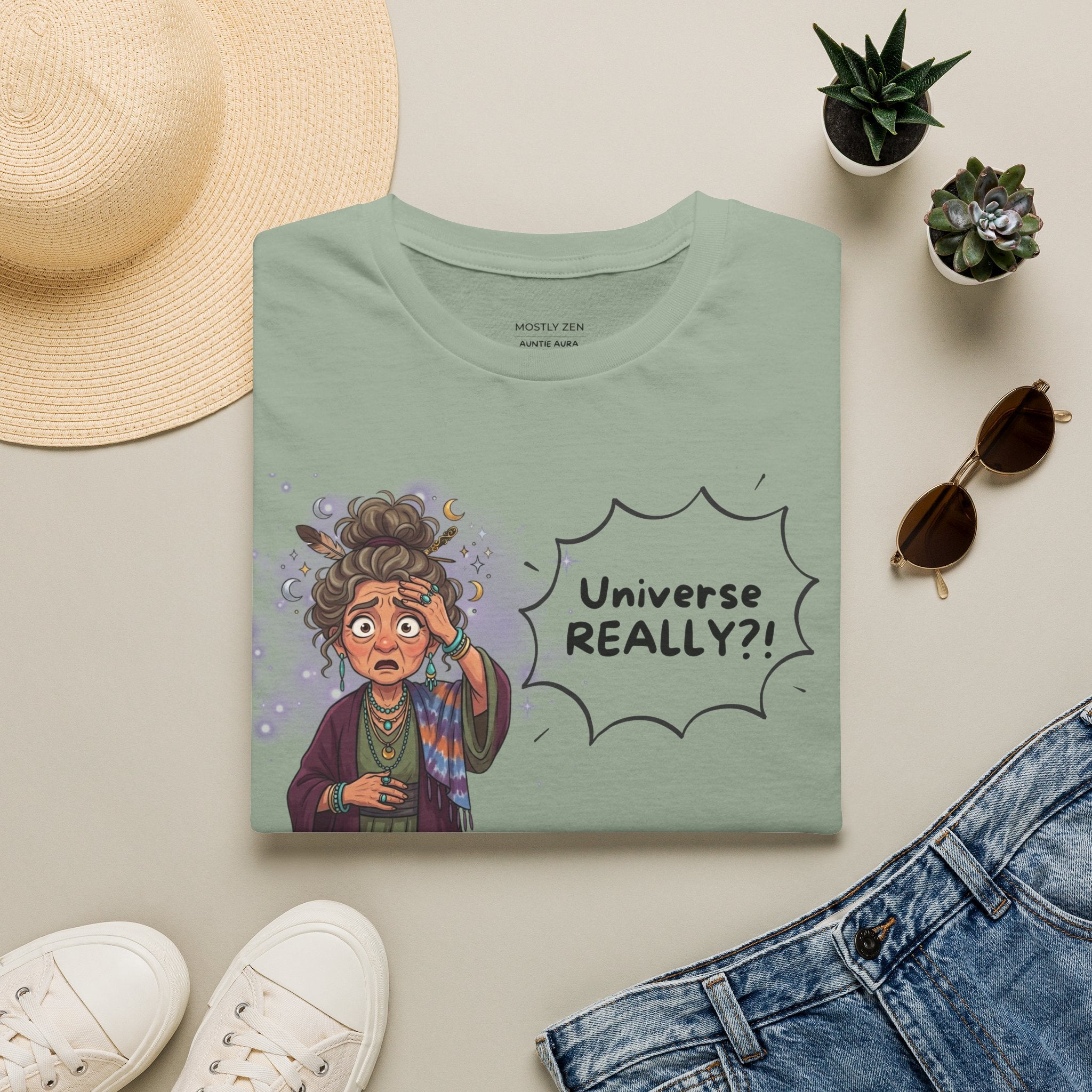 Auntie Aura Tee — “Universe REALLY?!” Mystical Boho Graphic T-Shirt