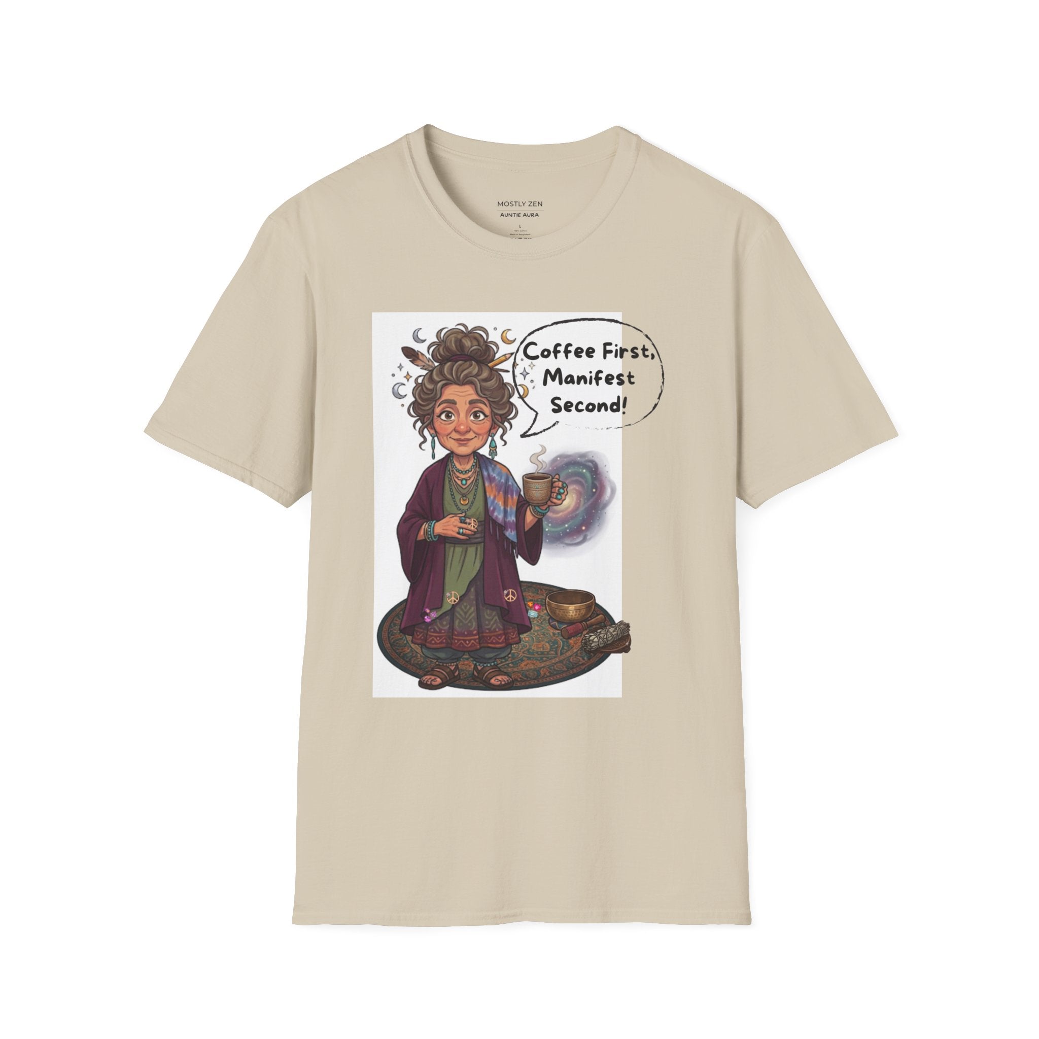 Manifestation Coffee T-Shirt — "Coffee First, Manifest Second!" — Auntie Aura Spiritual Tee