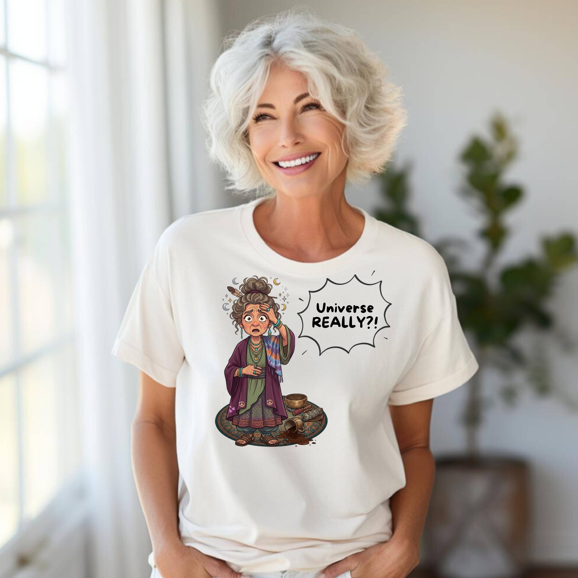 Auntie Aura Tee — “Universe REALLY?!” Mystical Boho Graphic T-Shirt
