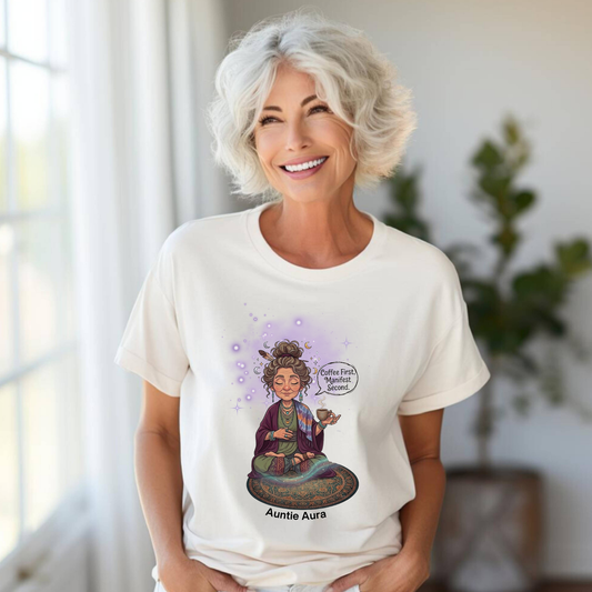 Manifestation Coffee T-Shirt — "Coffee First, Manifest Second!" — Auntie Aura Spiritual Tee