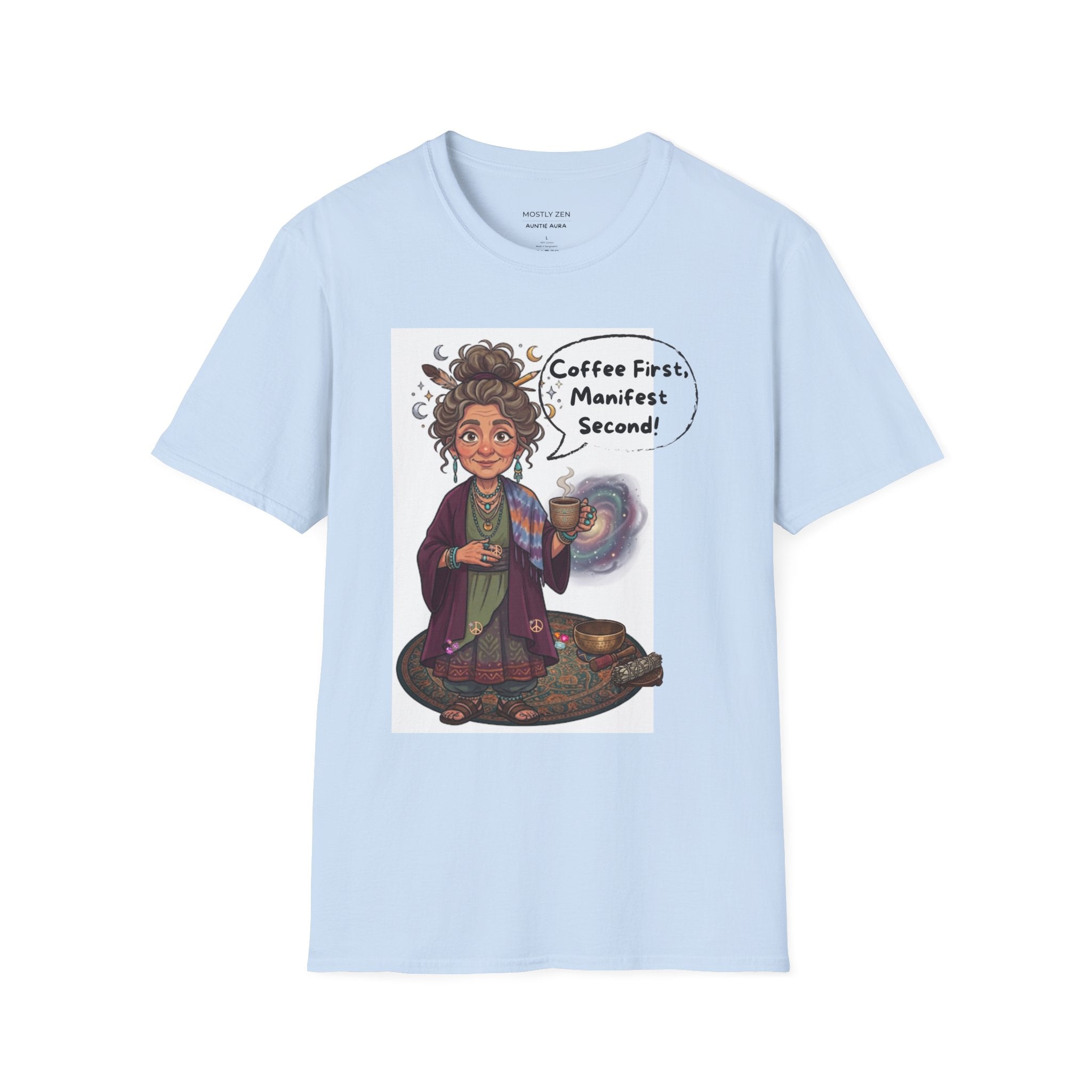 Manifestation Coffee T-Shirt — "Coffee First, Manifest Second!" — Auntie Aura Spiritual Tee