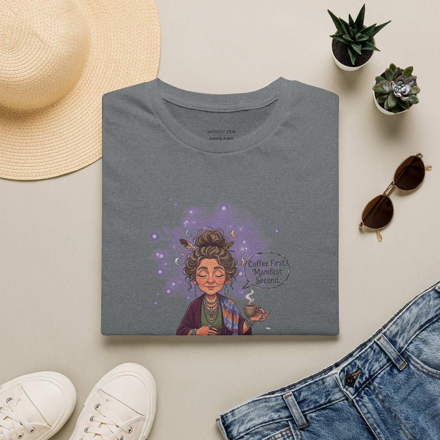 Manifestation Coffee T-Shirt — "Coffee First, Manifest Second!" — Auntie Aura Spiritual Tee