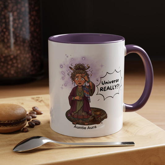 Auntie Aura Galaxy Mug — “Universe REALLY?!” Accent Ceramic Coffee Mug
