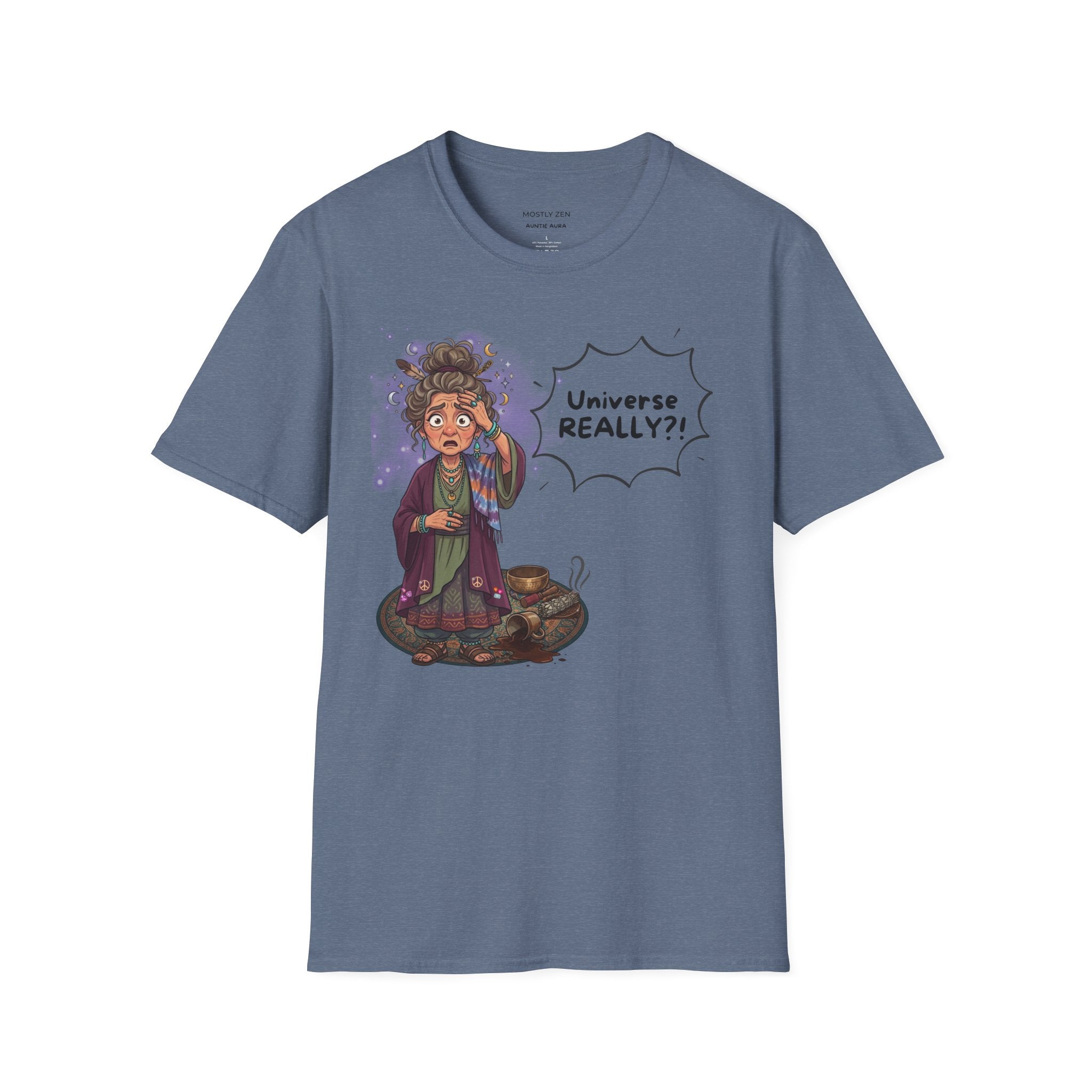 Auntie Aura Tee — “Universe REALLY?!” Mystical Boho Graphic T-Shirt