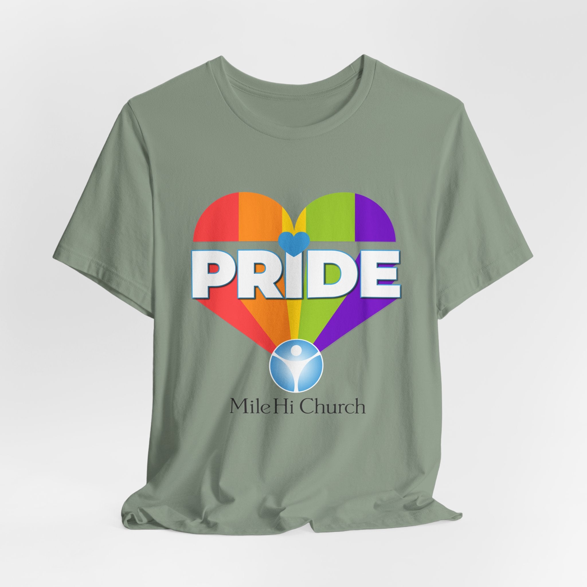 Pride Rainbow Heart Tee | Mile Hi Church logo