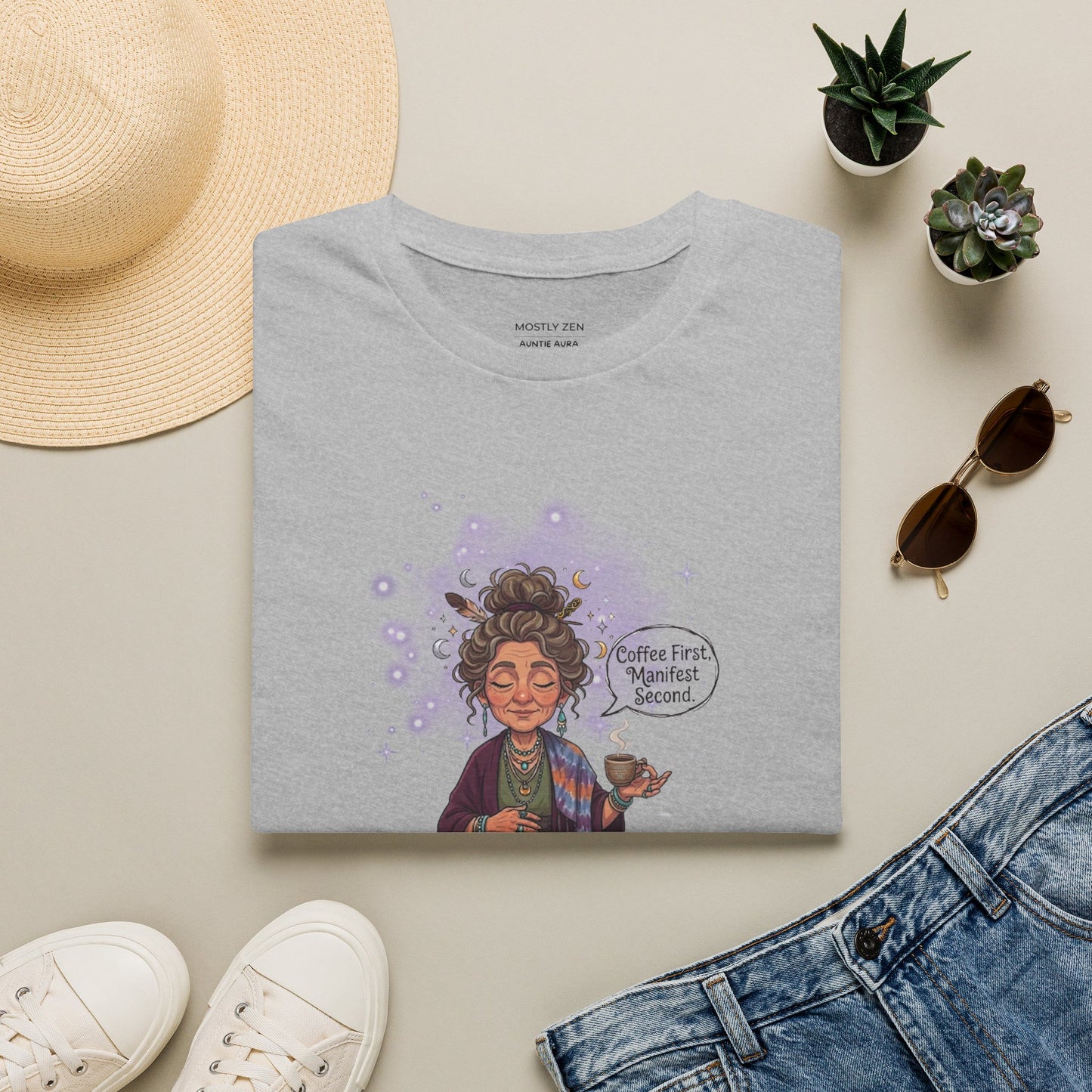 Manifestation Coffee T-Shirt — "Coffee First, Manifest Second!" — Auntie Aura Spiritual Tee